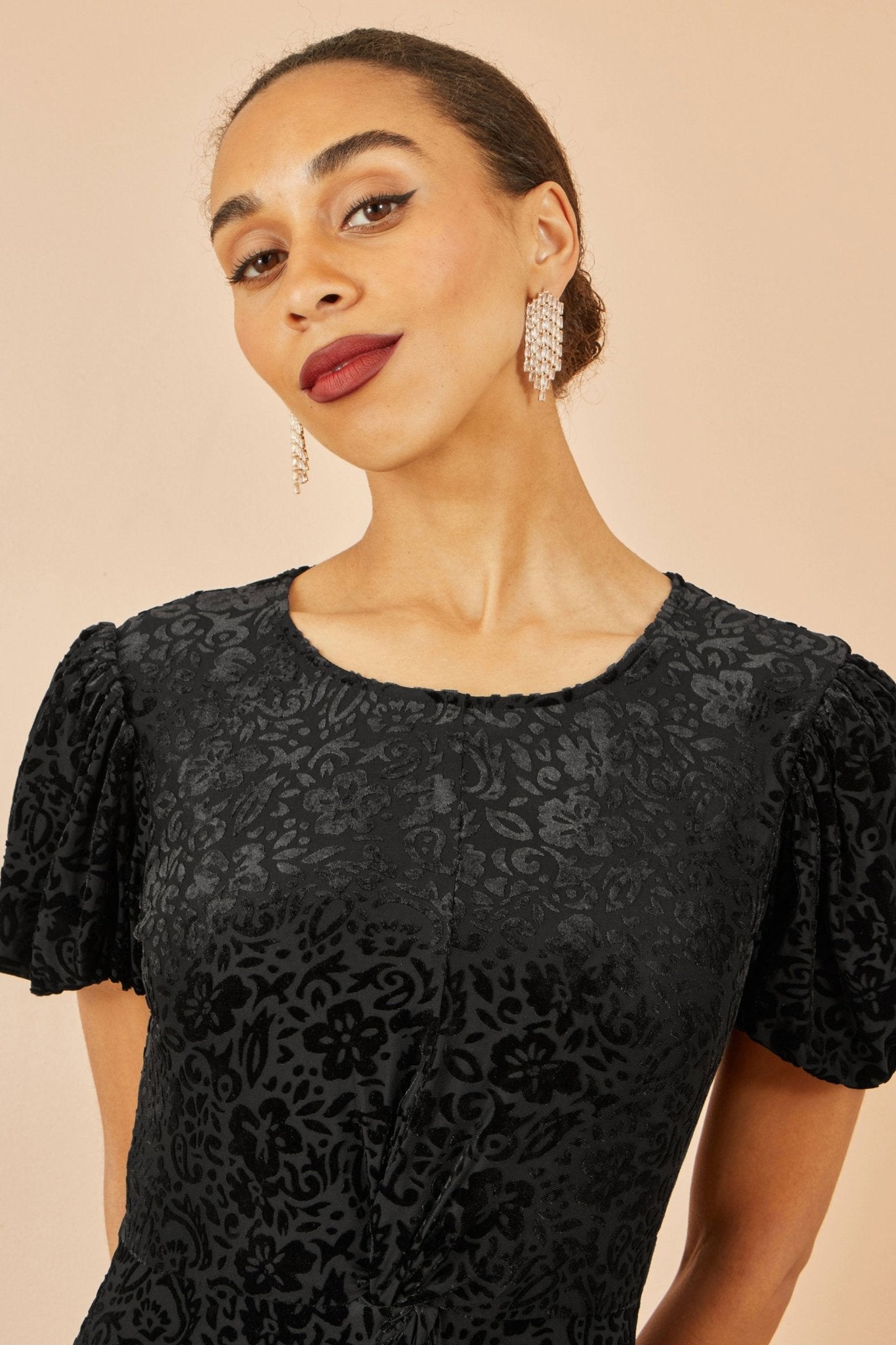 Yumi Black Floral Velour Velvet Twist Waist Midi Dress - Popular trends empire