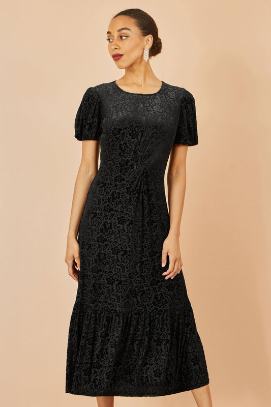 Yumi Black Floral Velour Velvet Twist Waist Midi Dress - Popular trends empire
