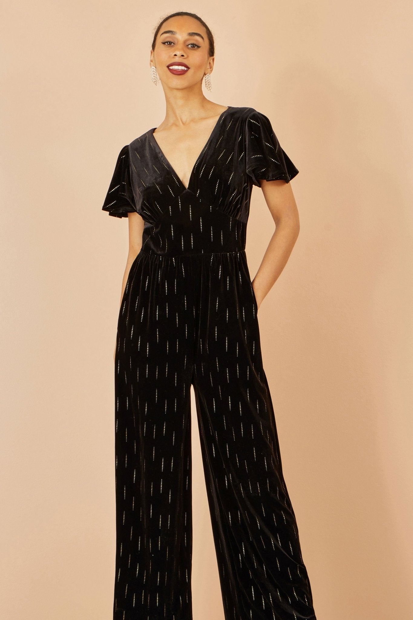 Yumi Black Foil Print Velvet Jumpsuit - Popular trends empire