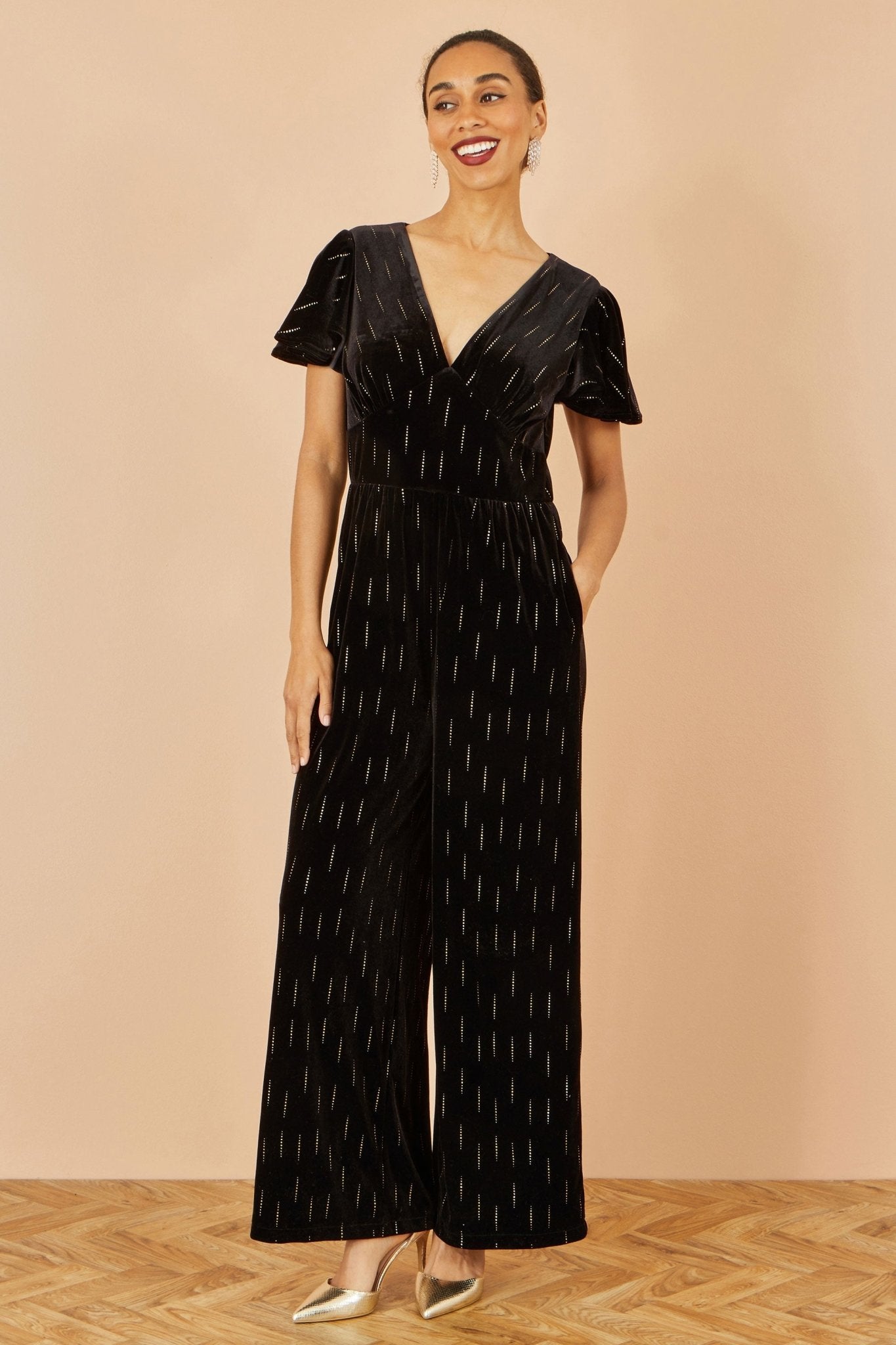 Yumi Black Foil Print Velvet Jumpsuit - Popular trends empire