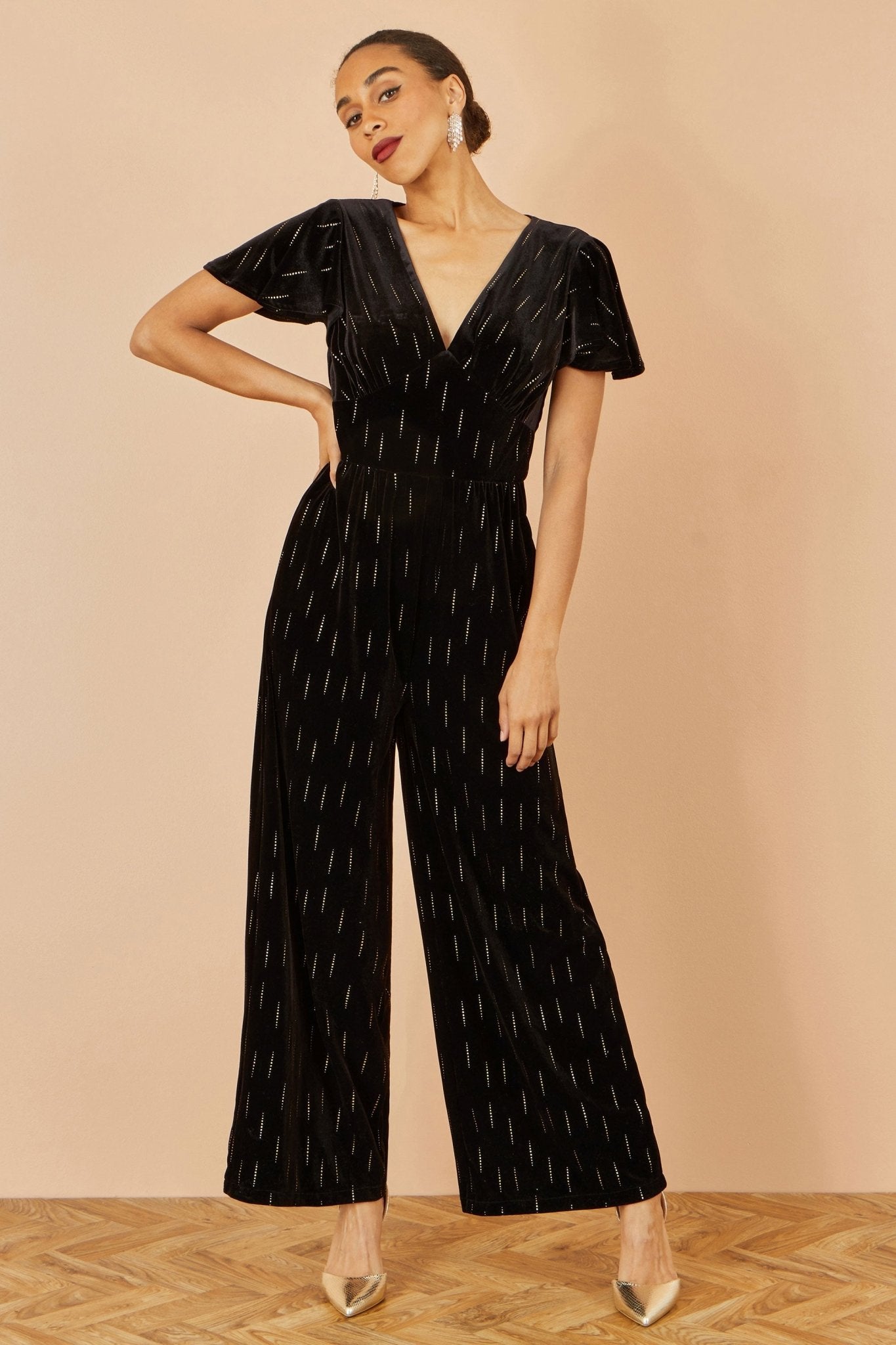 Yumi Black Foil Print Velvet Jumpsuit - Popular trends empire
