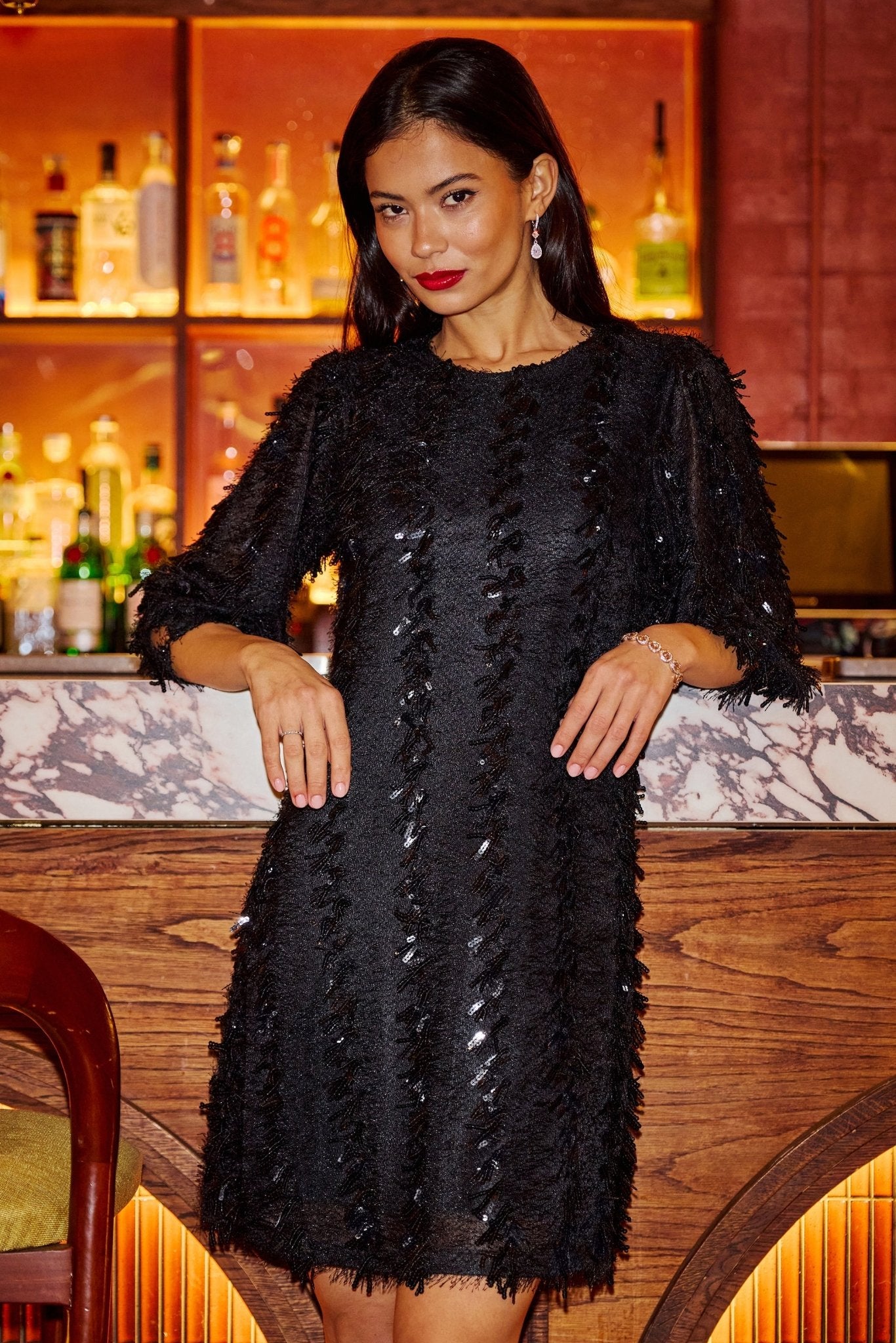 Yumi Black Hanging Sequin Tunic With Balloon Sleeves - Popular trends empire