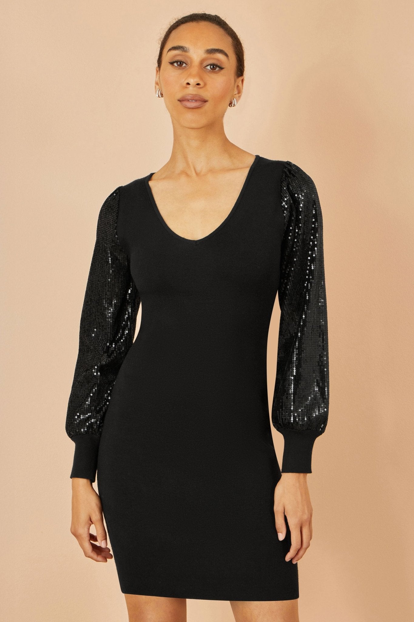 Yumi Black Knitted Fitted Dress With Sequin Sleeves - Popular trends empire
