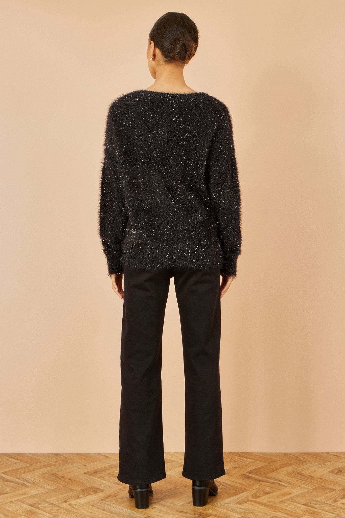 Yumi Black Metallic Fluffy Eyelash Relaxed Jumper - Popular trends empire