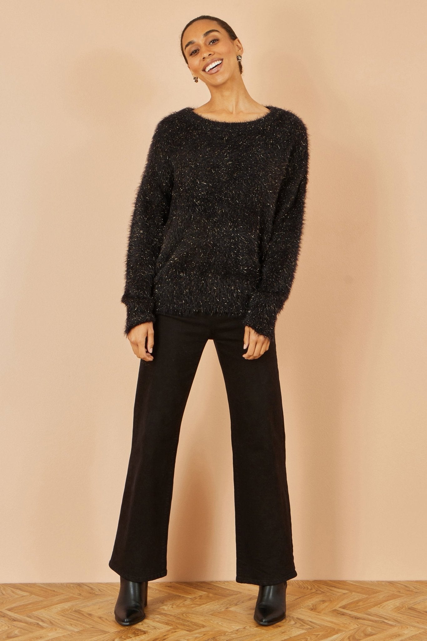Yumi Black Metallic Fluffy Eyelash Relaxed Jumper - Popular trends empire