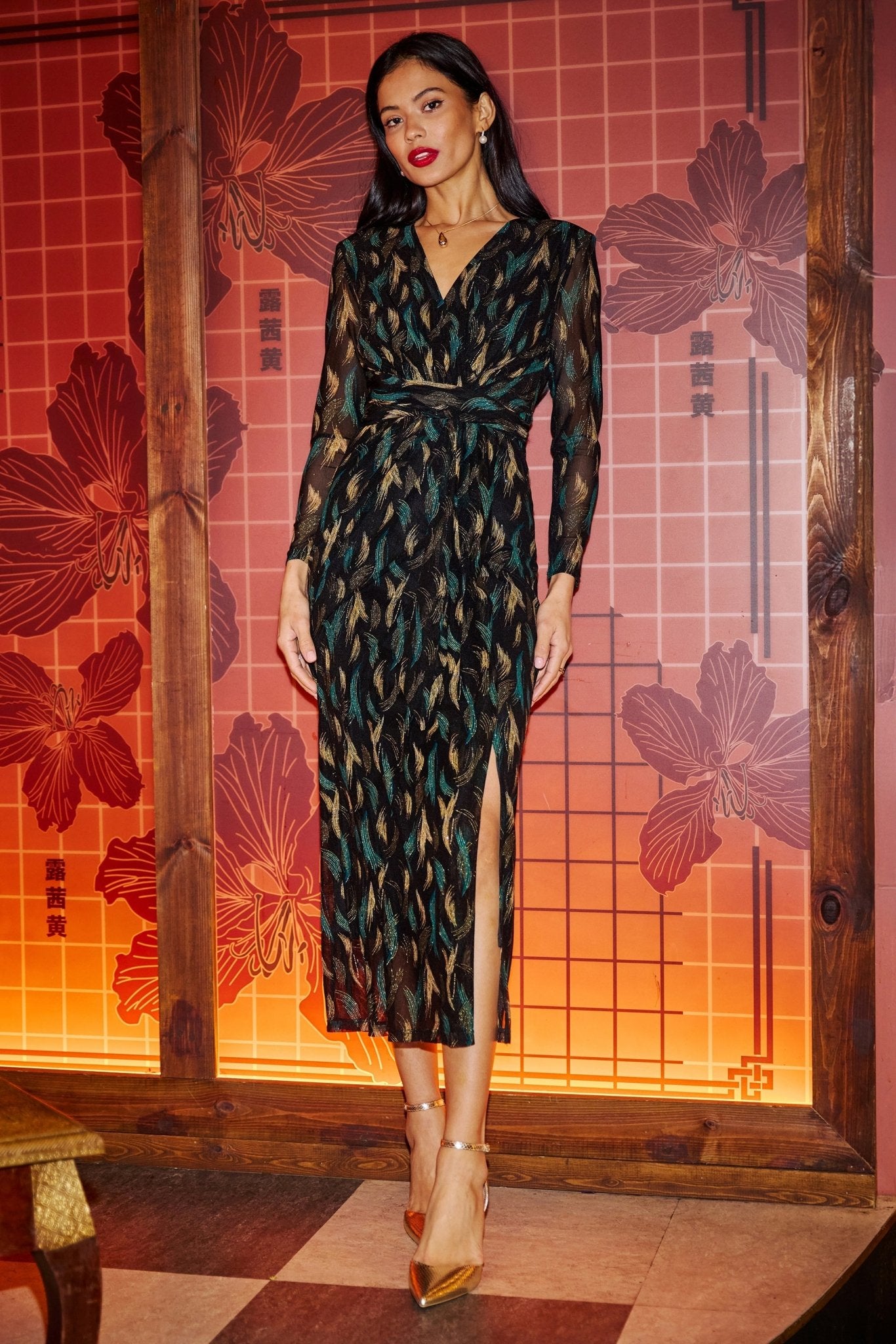 Yumi Black Metallic Sparkle Mesh Wrap Midi Dress - Popular trends empire