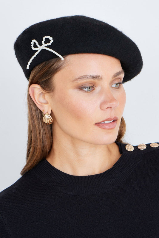 Yumi Black Pearl Bow Beret - Popular trends empire