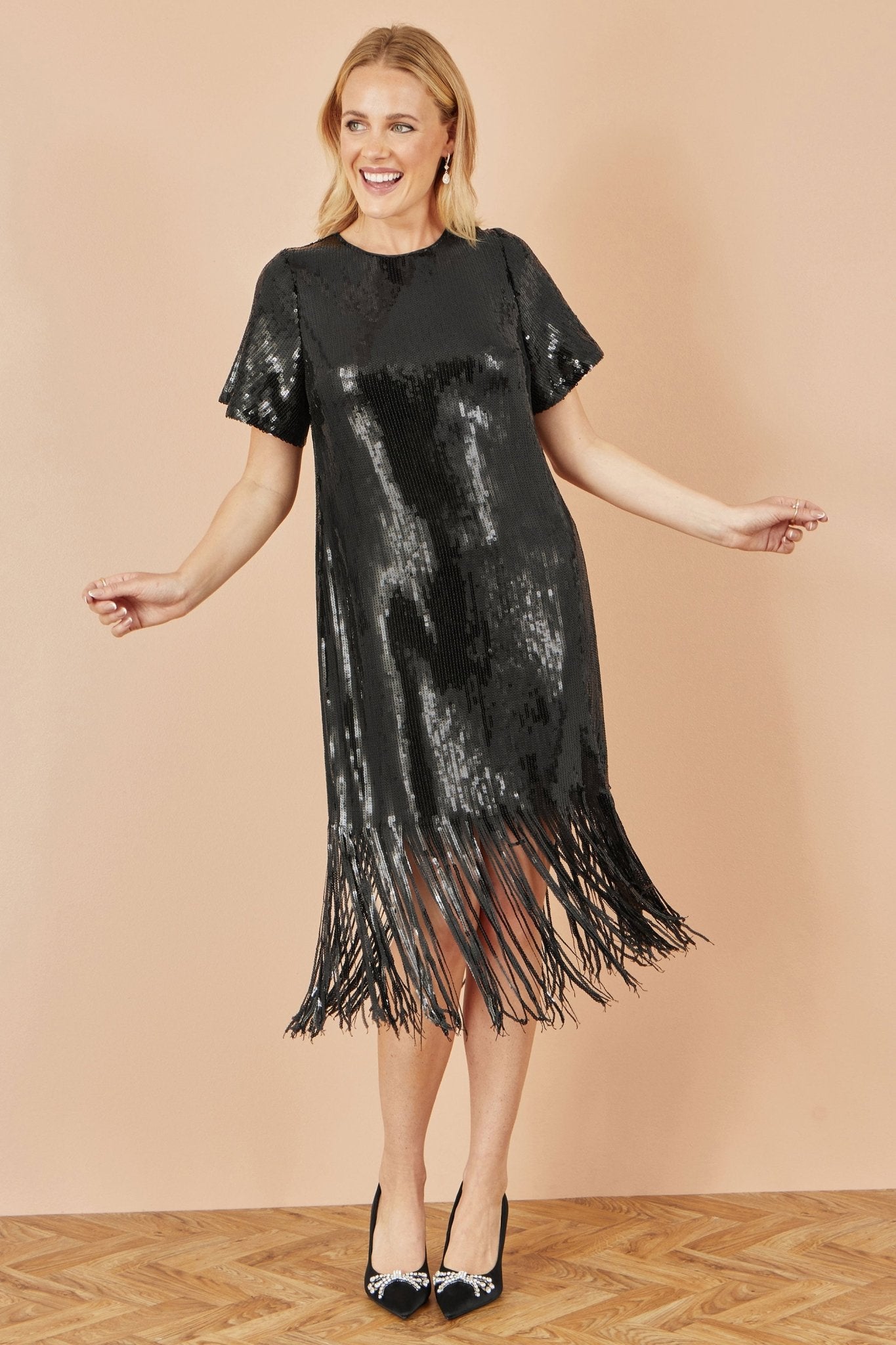 Yumi Black Sequin Tassels Hem Midi Tunic Dress - Popular trends empire