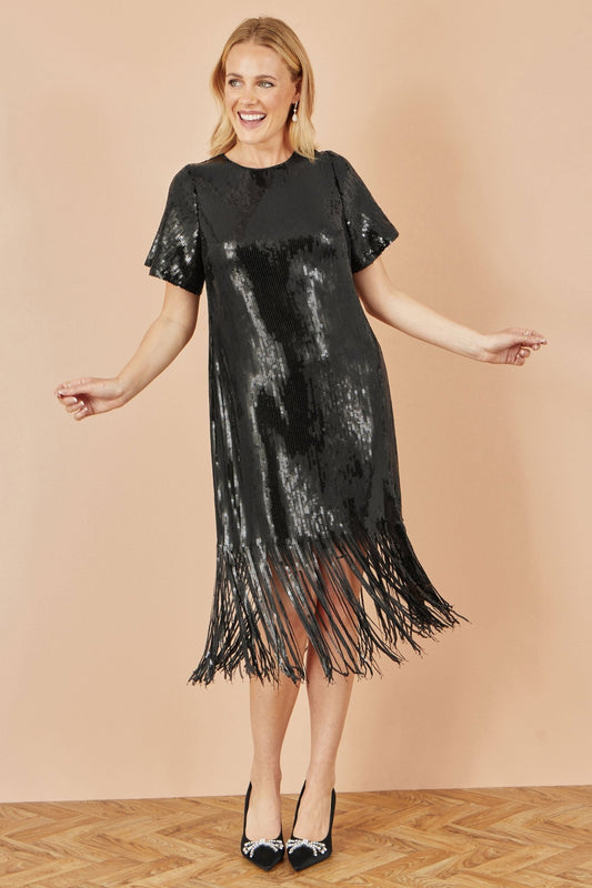 Yumi Black Sequin Tassels Hem Midi Tunic Dress - Popular trends empire