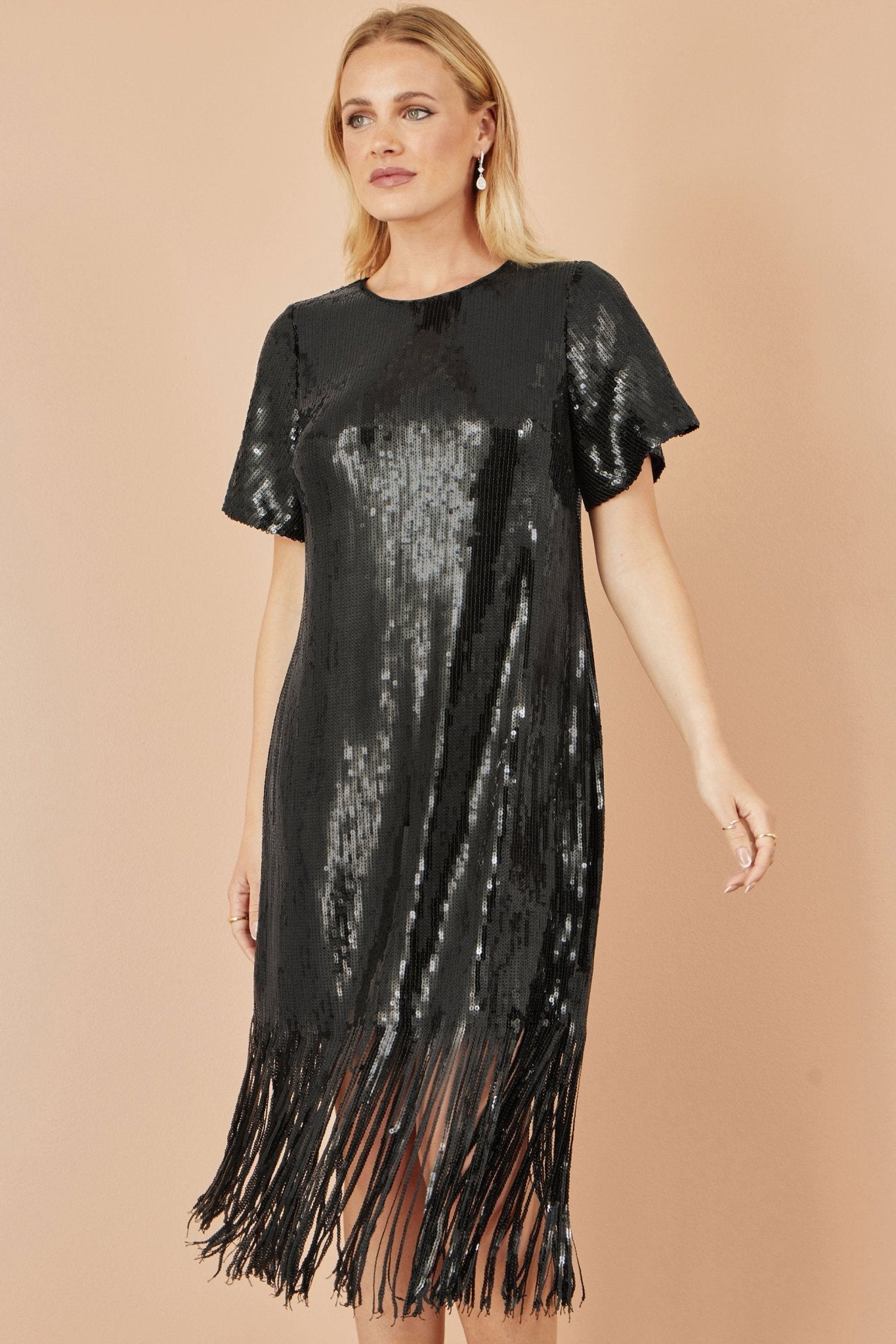 Yumi Black Sequin Tassels Hem Midi Tunic Dress - Popular trends empire