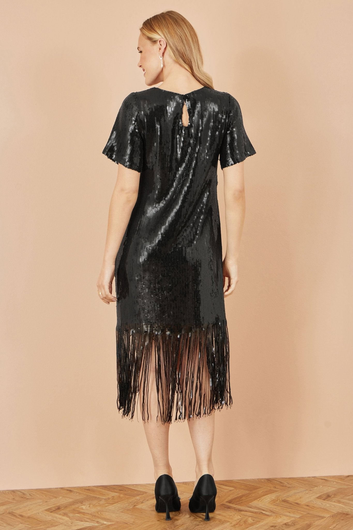 Yumi Black Sequin Tassels Hem Midi Tunic Dress - Popular trends empire
