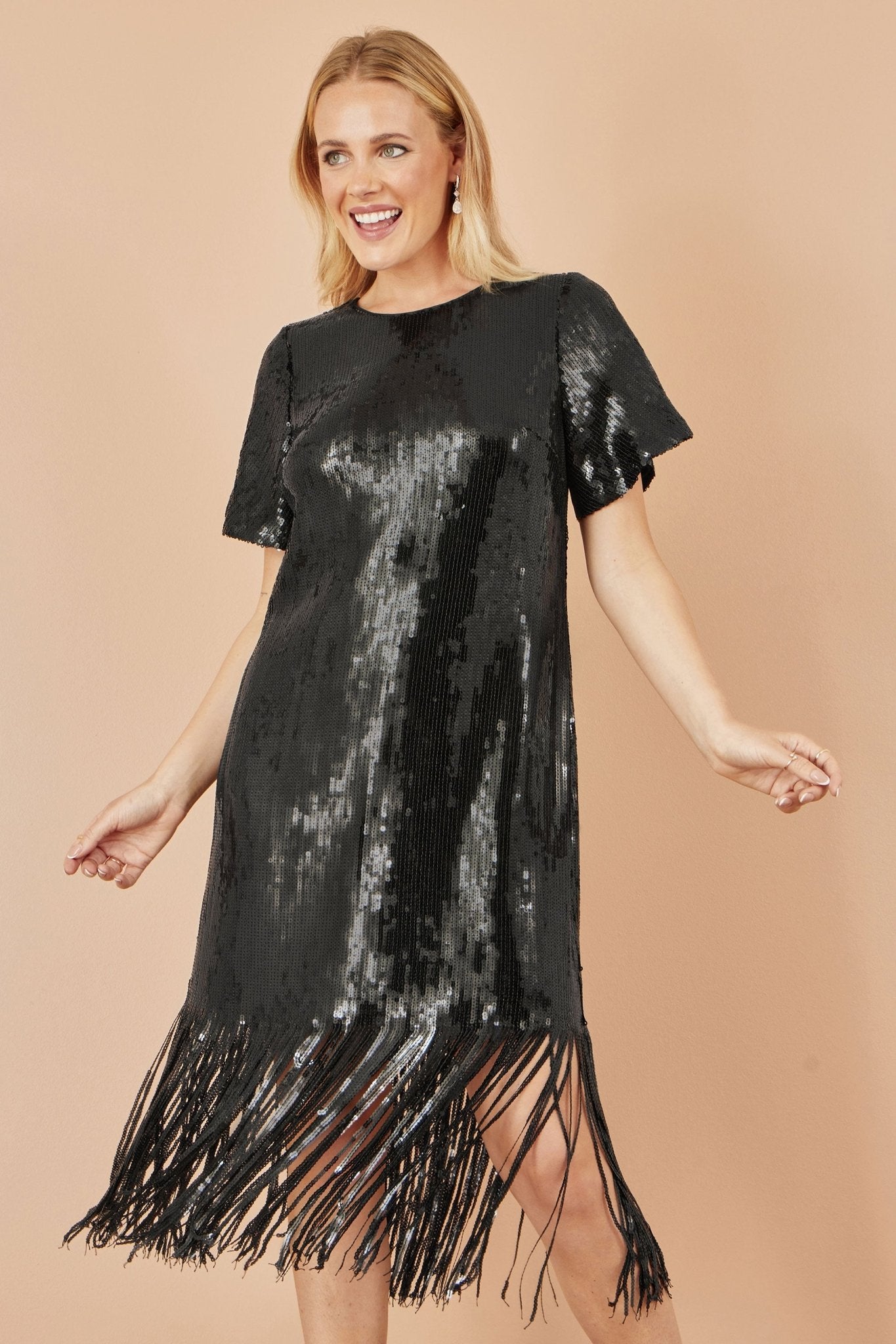 Yumi Black Sequin Tassels Hem Midi Tunic Dress - Popular trends empire