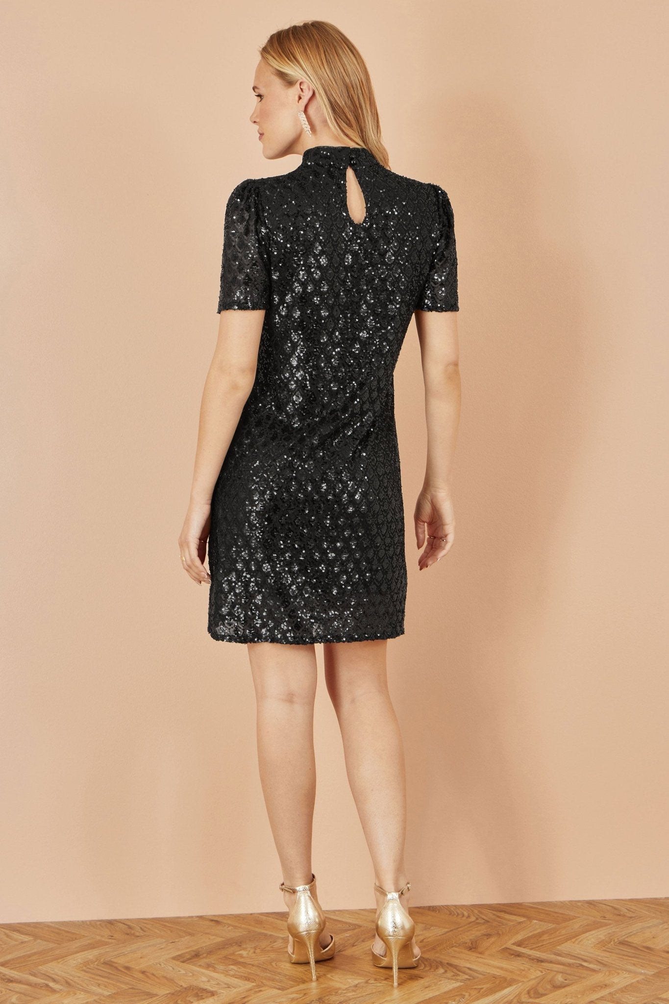 Yumi Black Sequin Tunic Dress with Chevron Pattern & Keyhole Neckline - Popular trends empire