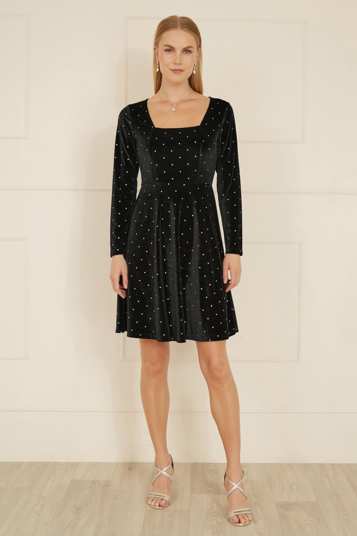 Yumi Black Skater Dress With Diamantes and Long Sleeve - Popular trends empire