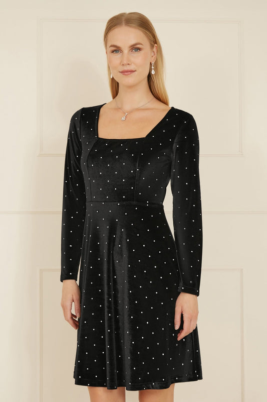 Yumi Black Skater Dress With Diamantes and Long Sleeve - Popular trends empire