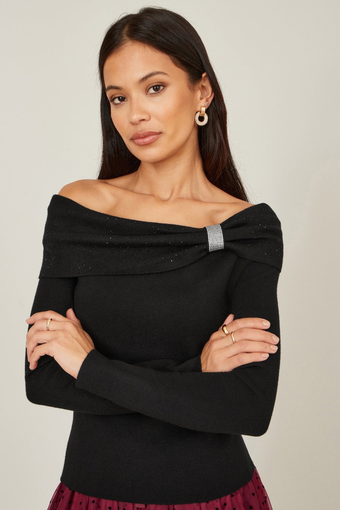 Yumi Black Sparkle Bardot Jumper With Diamante Detail - Popular trends empire