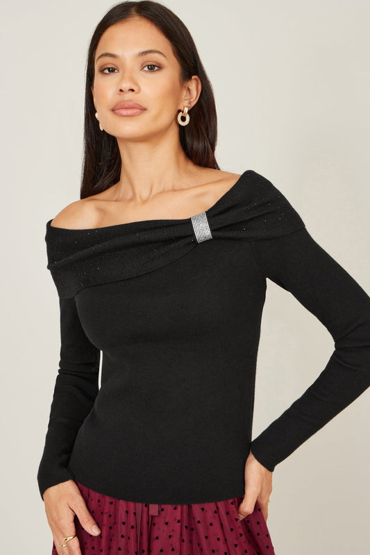 Yumi Black Sparkle Bardot Jumper With Diamante Detail - Popular trends empire