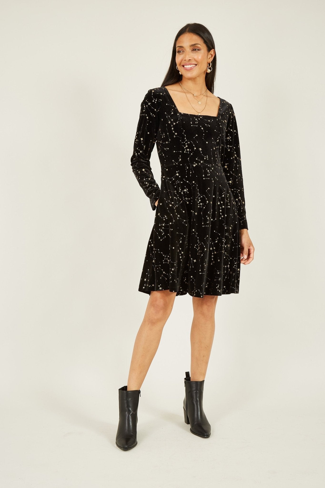 Yumi Black Star Foil Print Long Sleeve Skater Dress - Popular trends empire