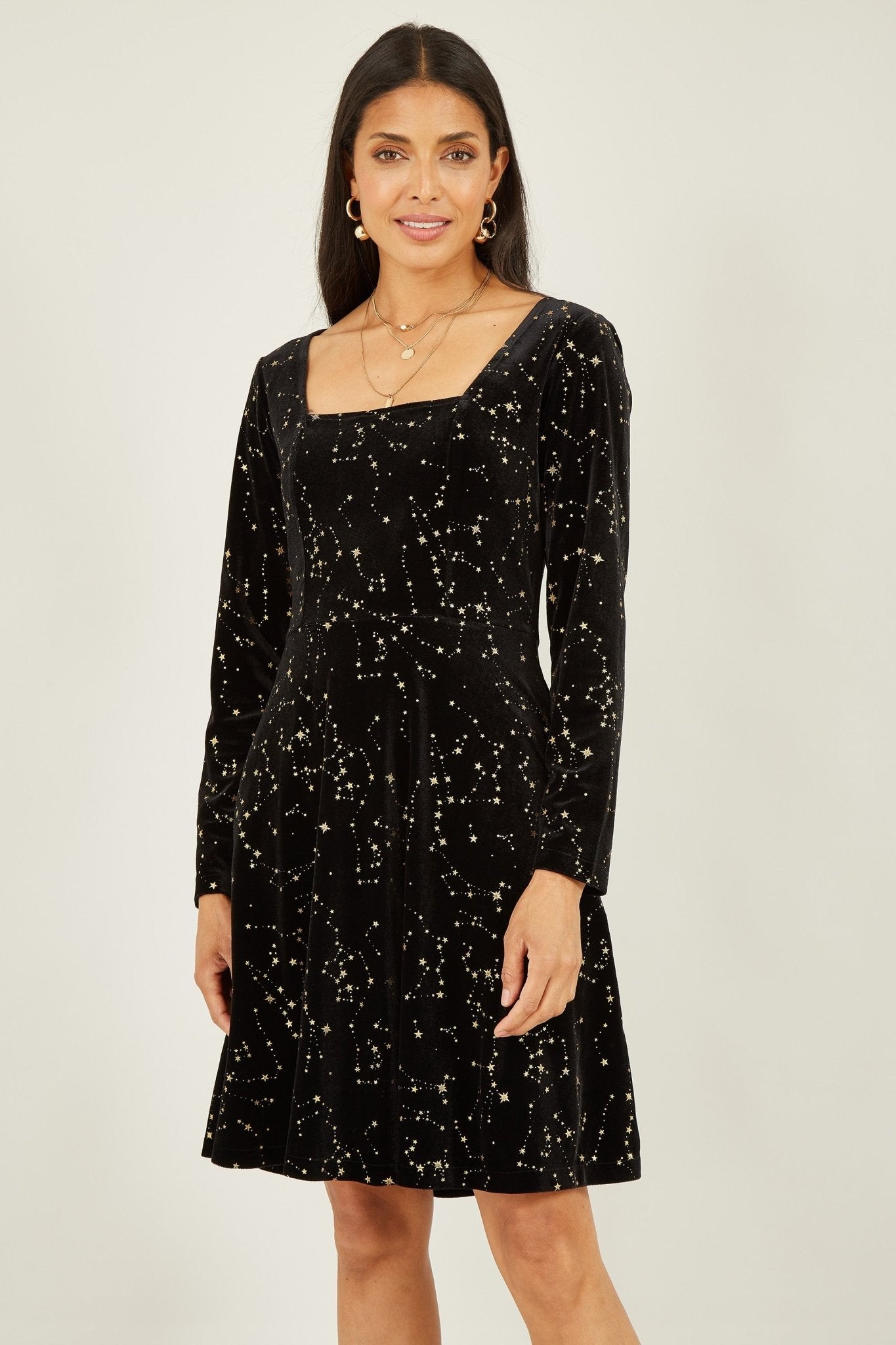 Yumi Black Star Foil Print Long Sleeve Skater Dress - Popular trends empire