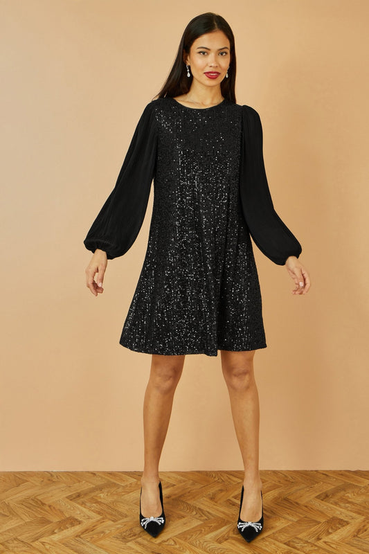 Yumi Black Velvet Sequin Tunic With Long Pleated Sleeves - Popular trends empire