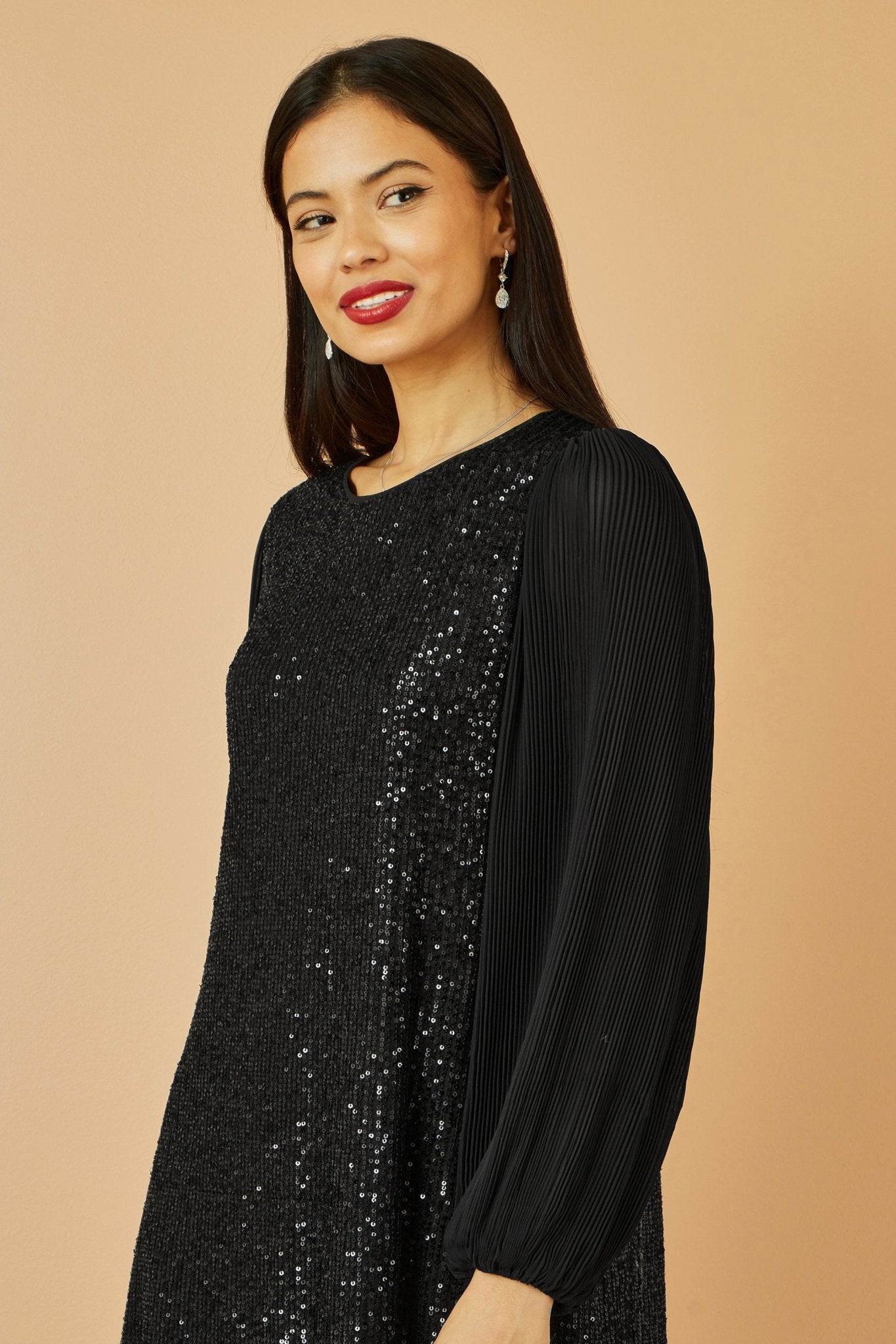 Yumi Black Velvet Sequin Tunic With Long Pleated Sleeves - Popular trends empire