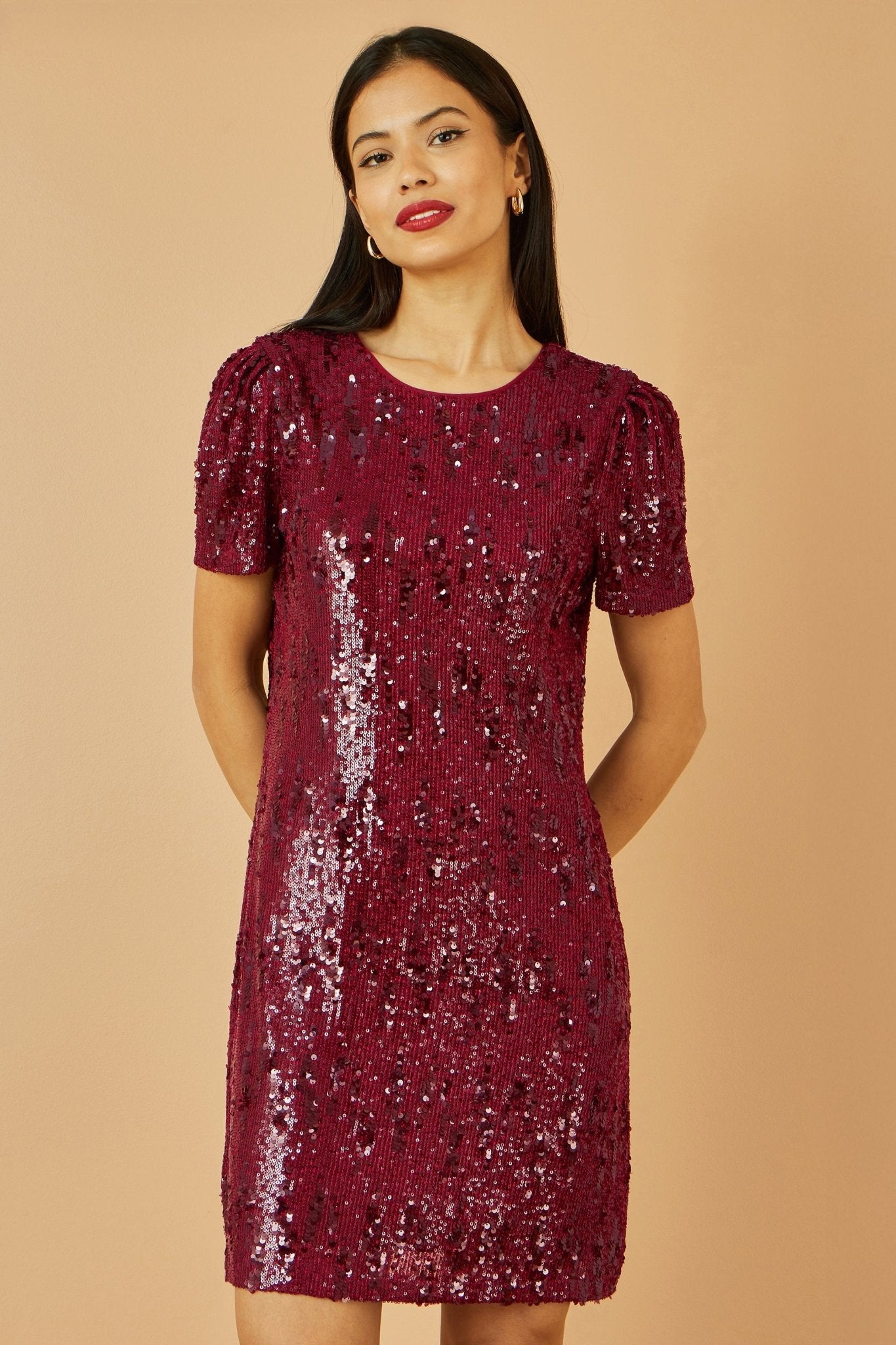 Yumi Burgundy Sequin Stretch Tunic Dress - Popular trends empire
