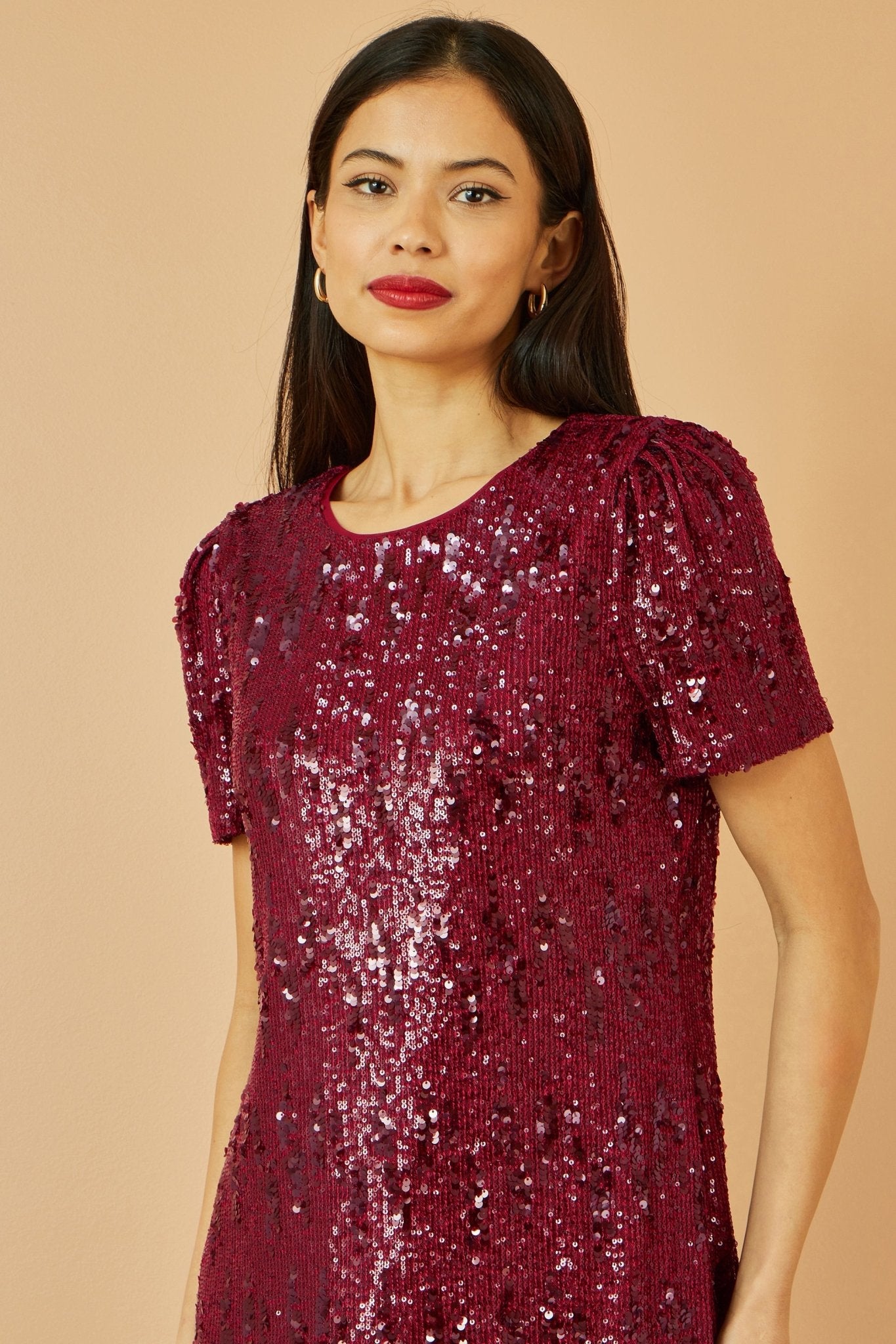 Yumi Burgundy Sequin Stretch Tunic Dress - Popular trends empire