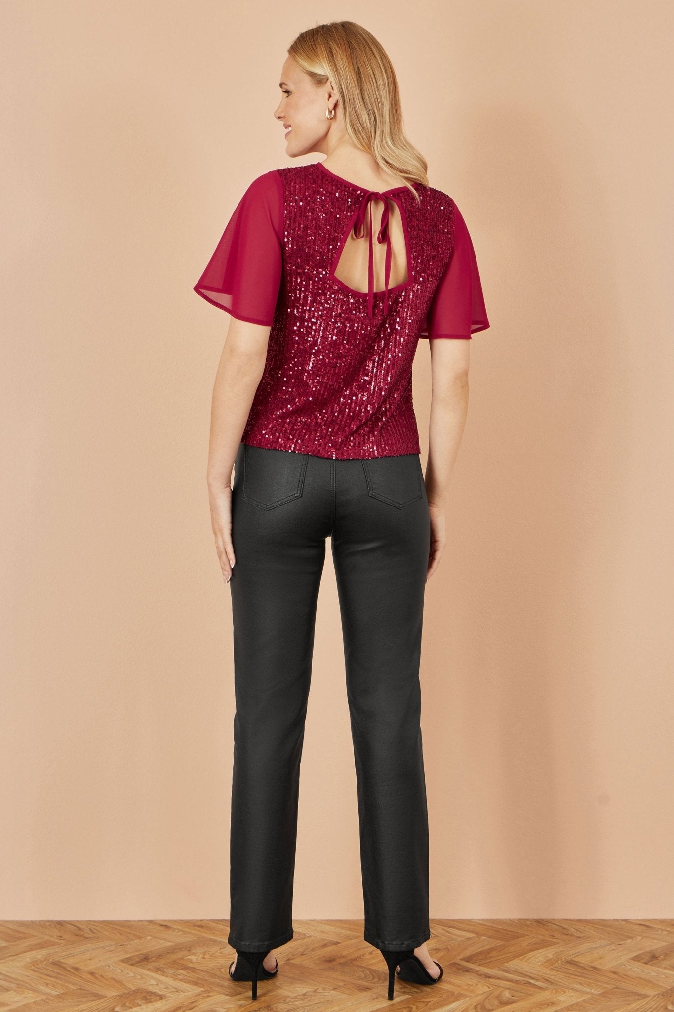 Yumi Burgundy Sequin Top With Sheer Sleeves And Cut Out Back - Popular trends empire