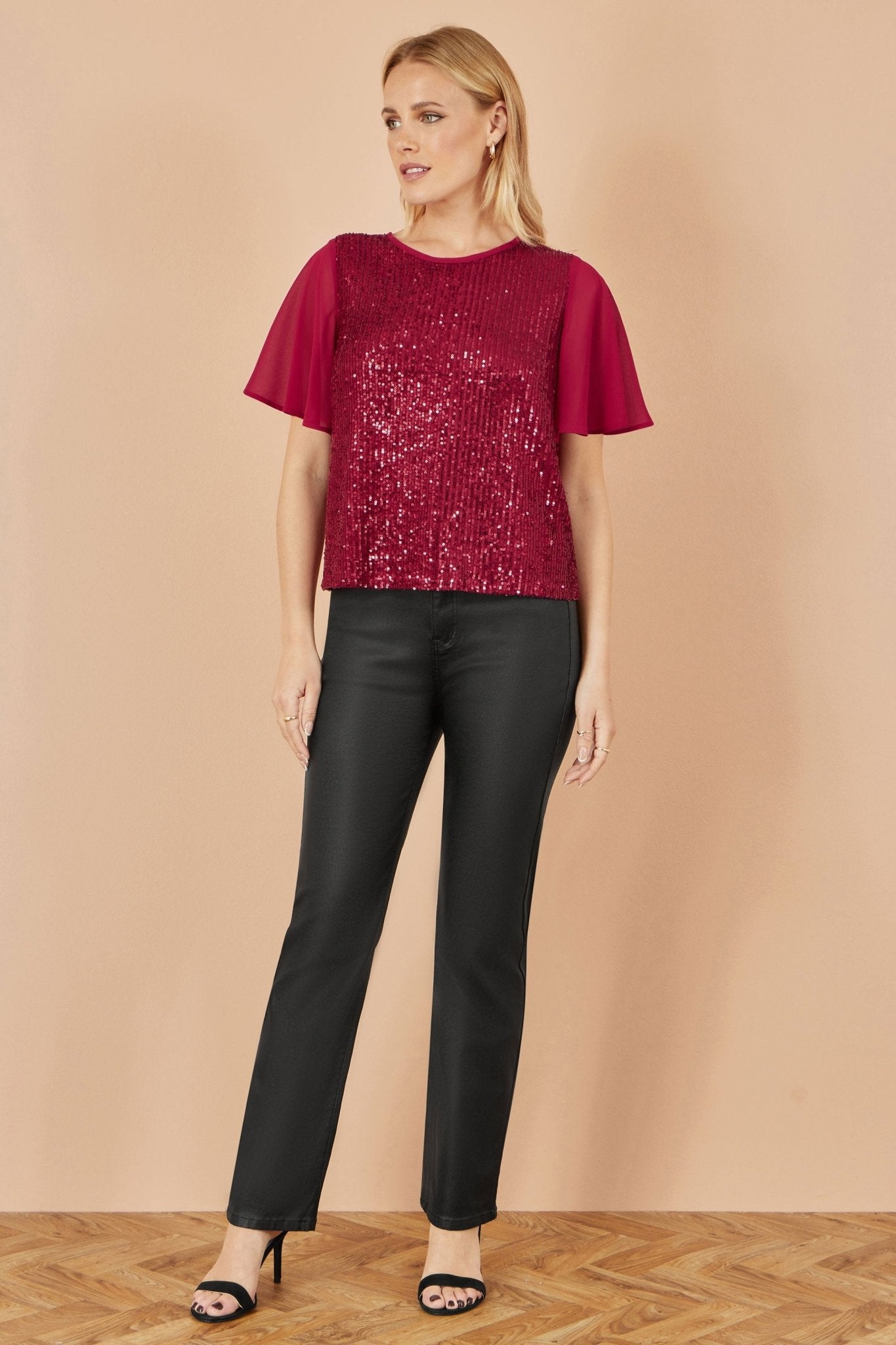 Yumi Burgundy Sequin Top With Sheer Sleeves And Cut Out Back - Popular trends empire