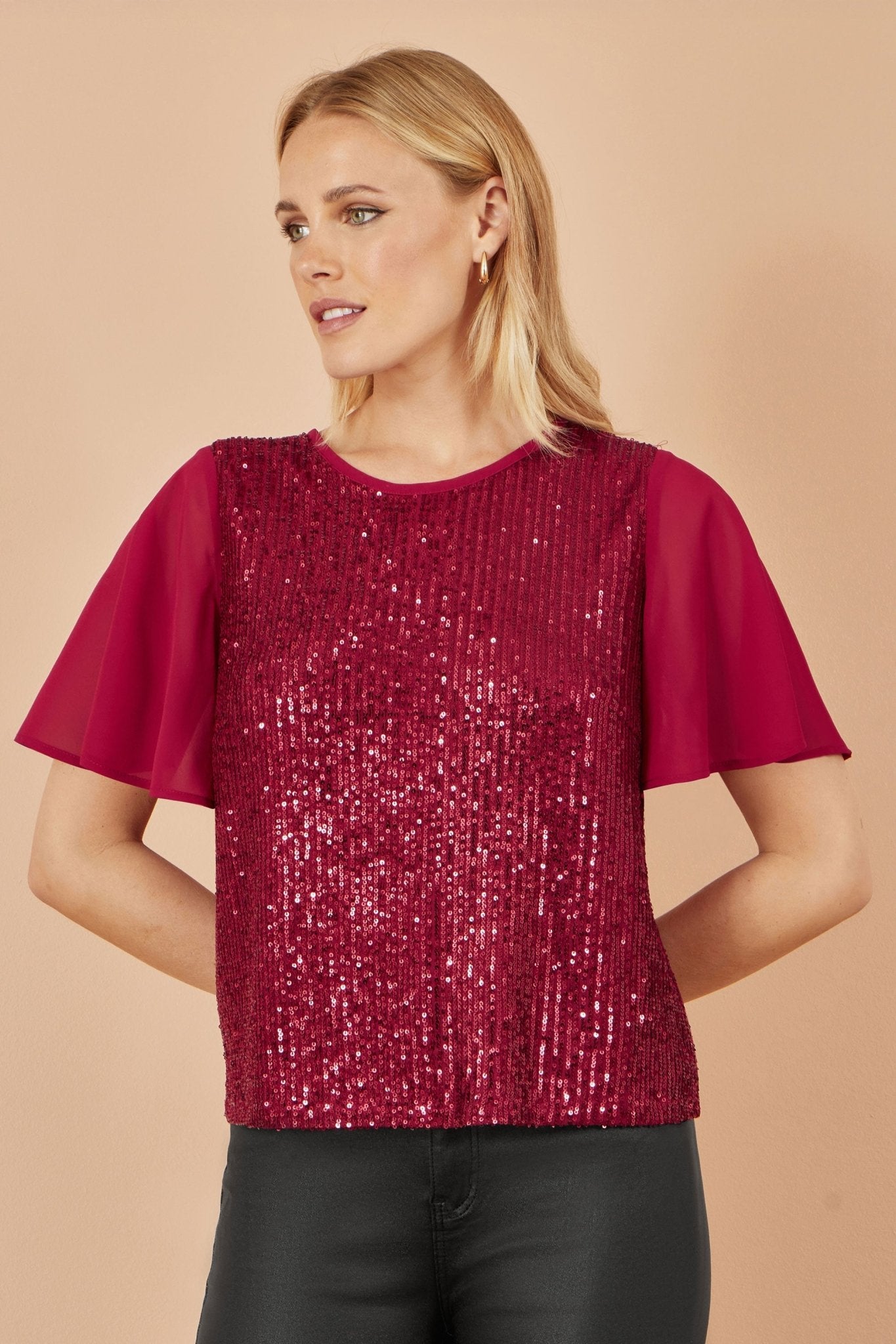 Yumi Burgundy Sequin Top With Sheer Sleeves And Cut Out Back - Popular trends empire