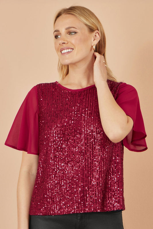 Yumi Burgundy Sequin Top With Sheer Sleeves And Cut Out Back - Popular trends empire