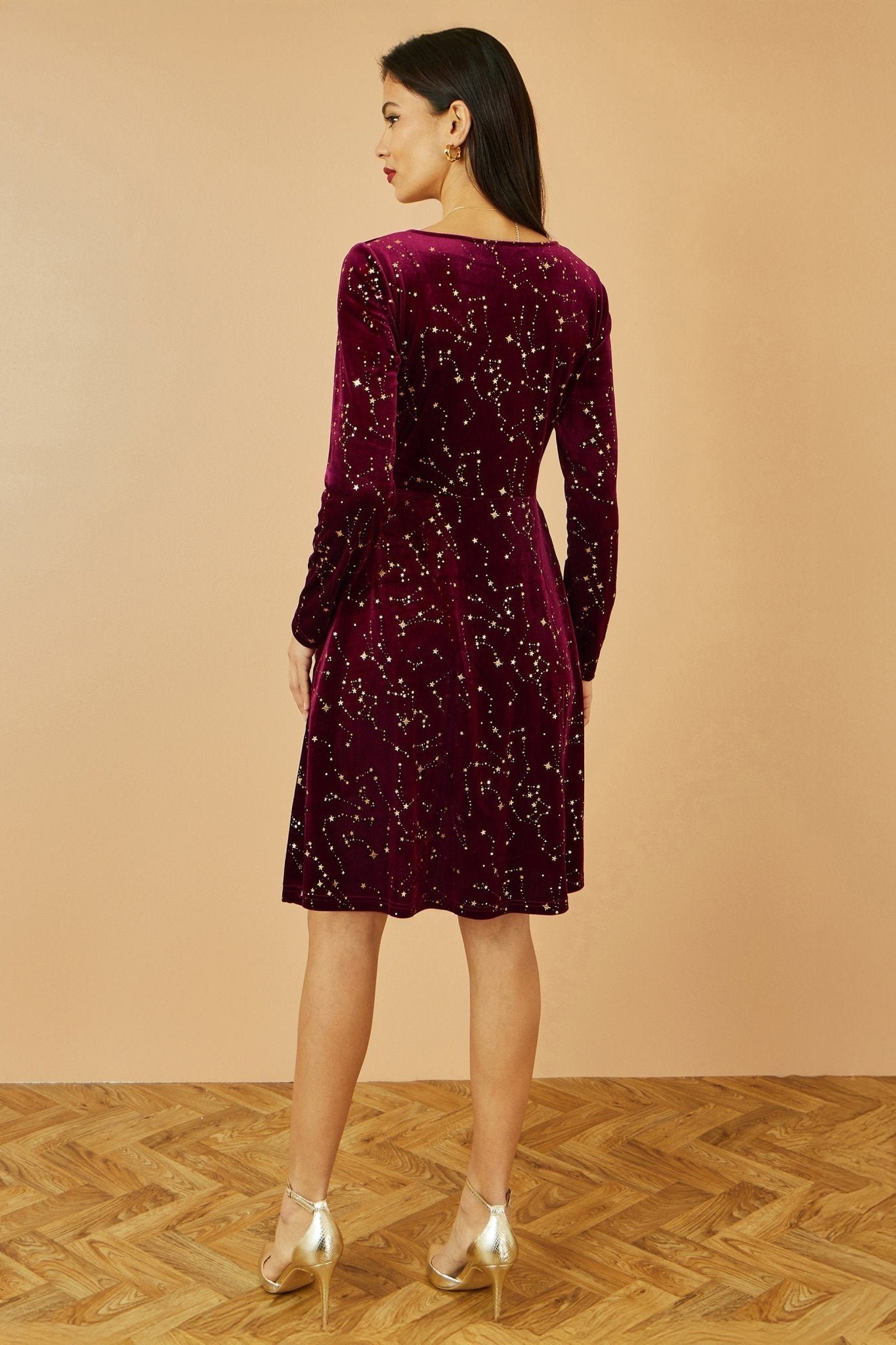 Yumi Burgundy Star Foil Print Long Sleeve Skater Dress - Popular trends empire