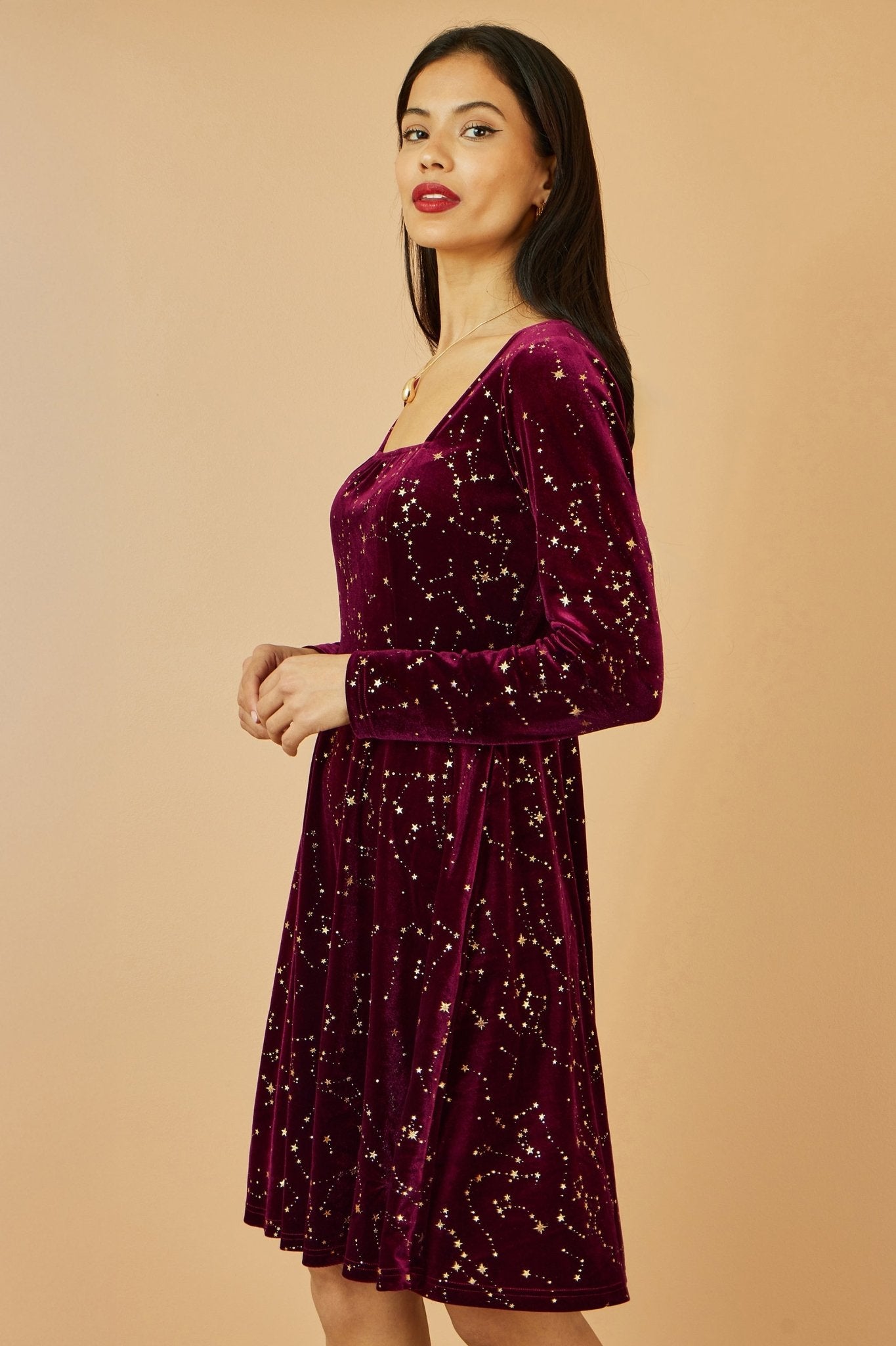Yumi Burgundy Star Foil Print Long Sleeve Skater Dress - Popular trends empire