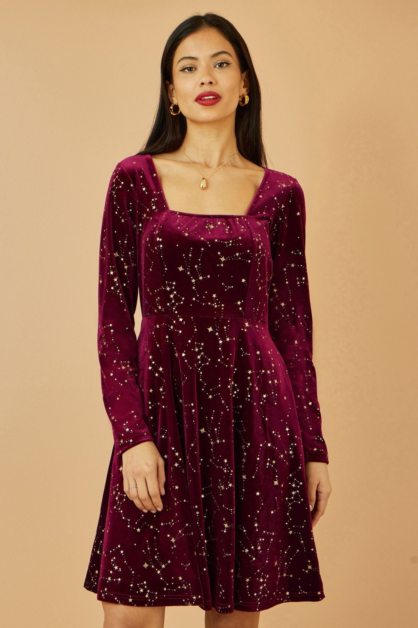 Yumi Burgundy Star Foil Print Long Sleeve Skater Dress - Popular trends empire