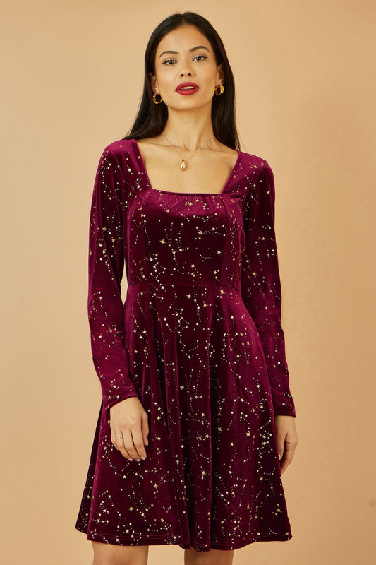 Yumi Burgundy Star Foil Print Long Sleeve Skater Dress - Popular trends empire