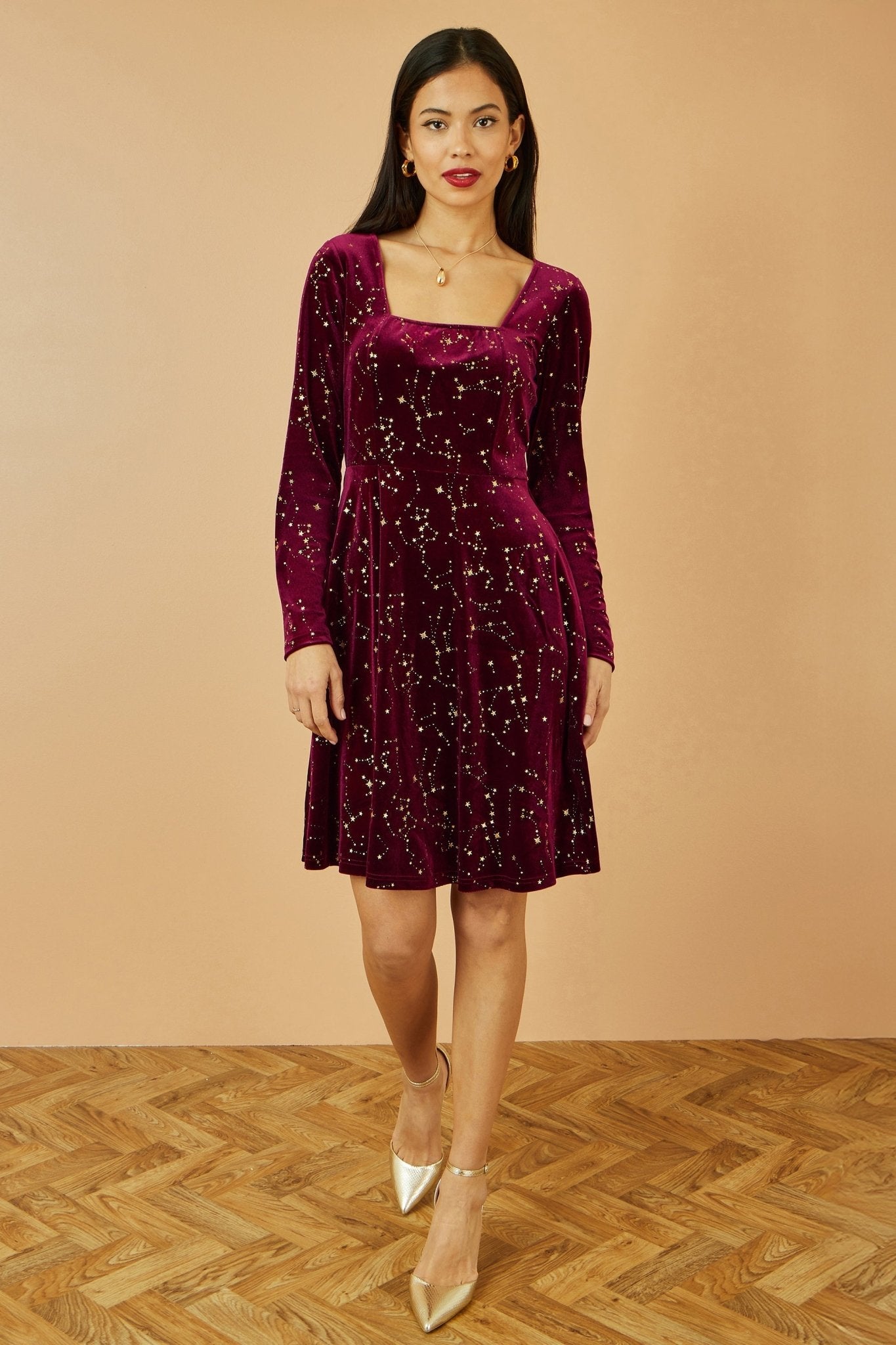 Yumi Burgundy Star Foil Print Long Sleeve Skater Dress - Popular trends empire