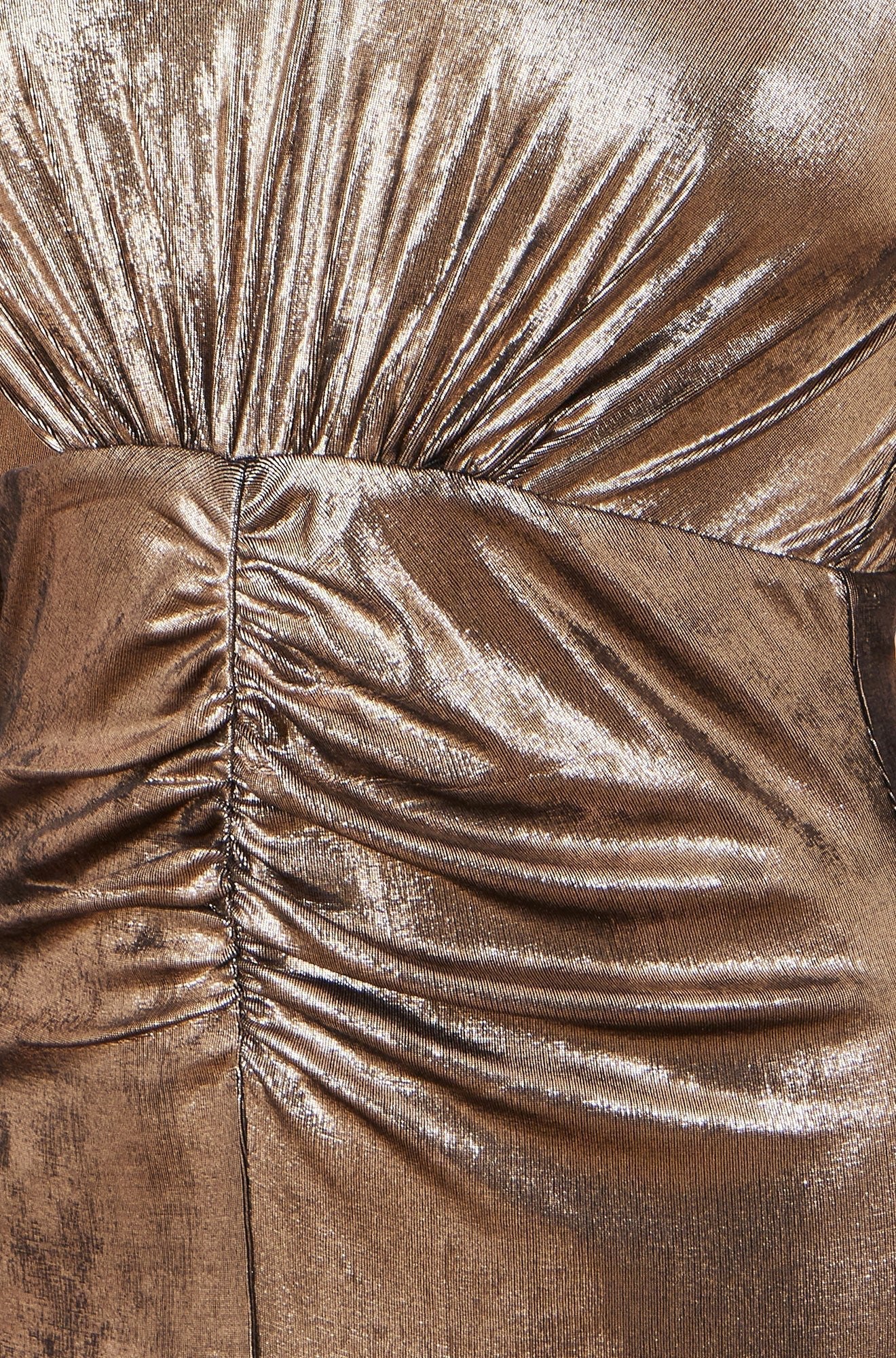 Yumi Gold Metallic Stretch Ruched Maxi Dress With Long Sleeves And Split Hemline - Popular trends empire