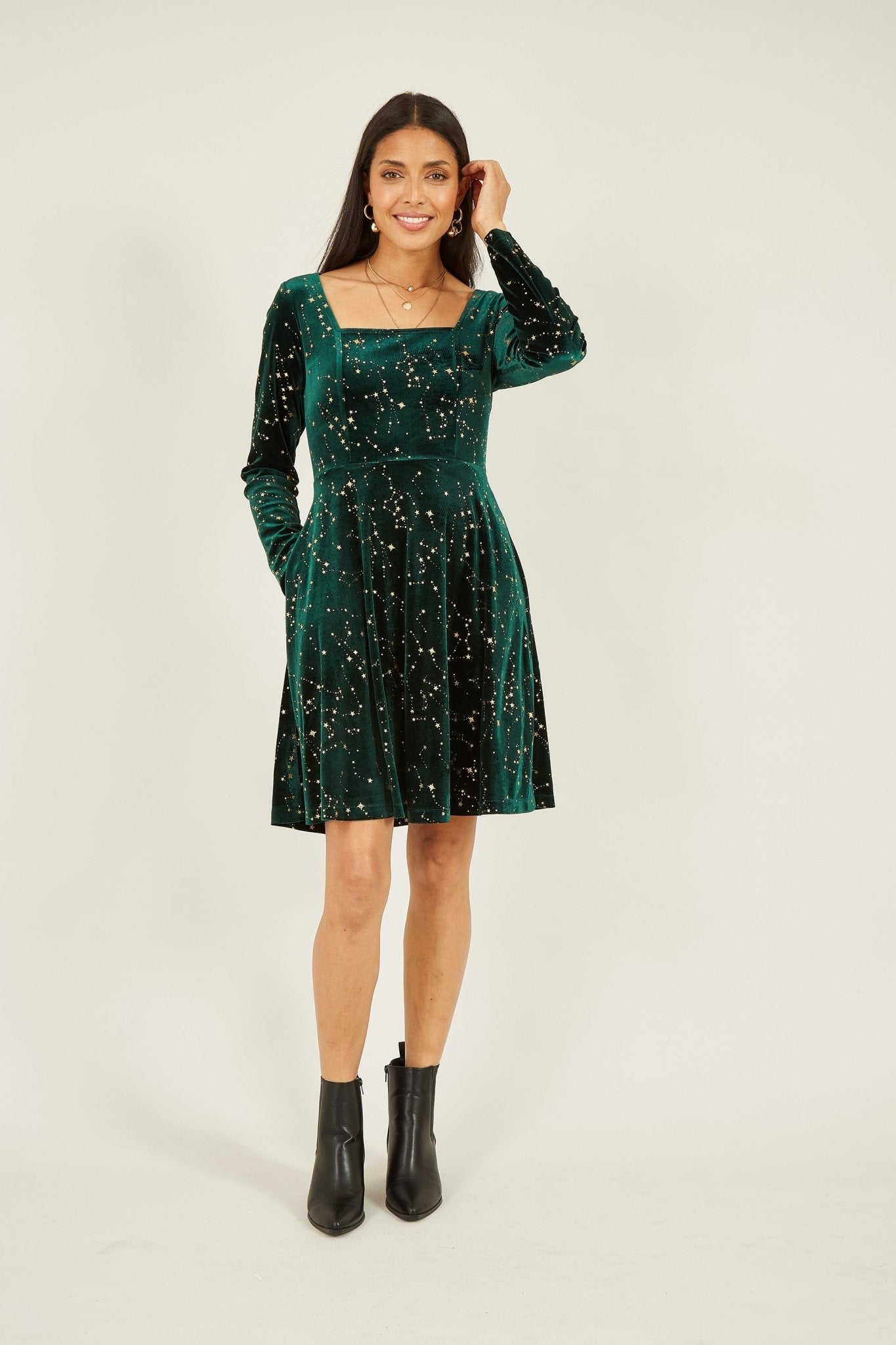 Yumi Green Star Foil Print Long Sleeve Skater Dress - Popular trends empire