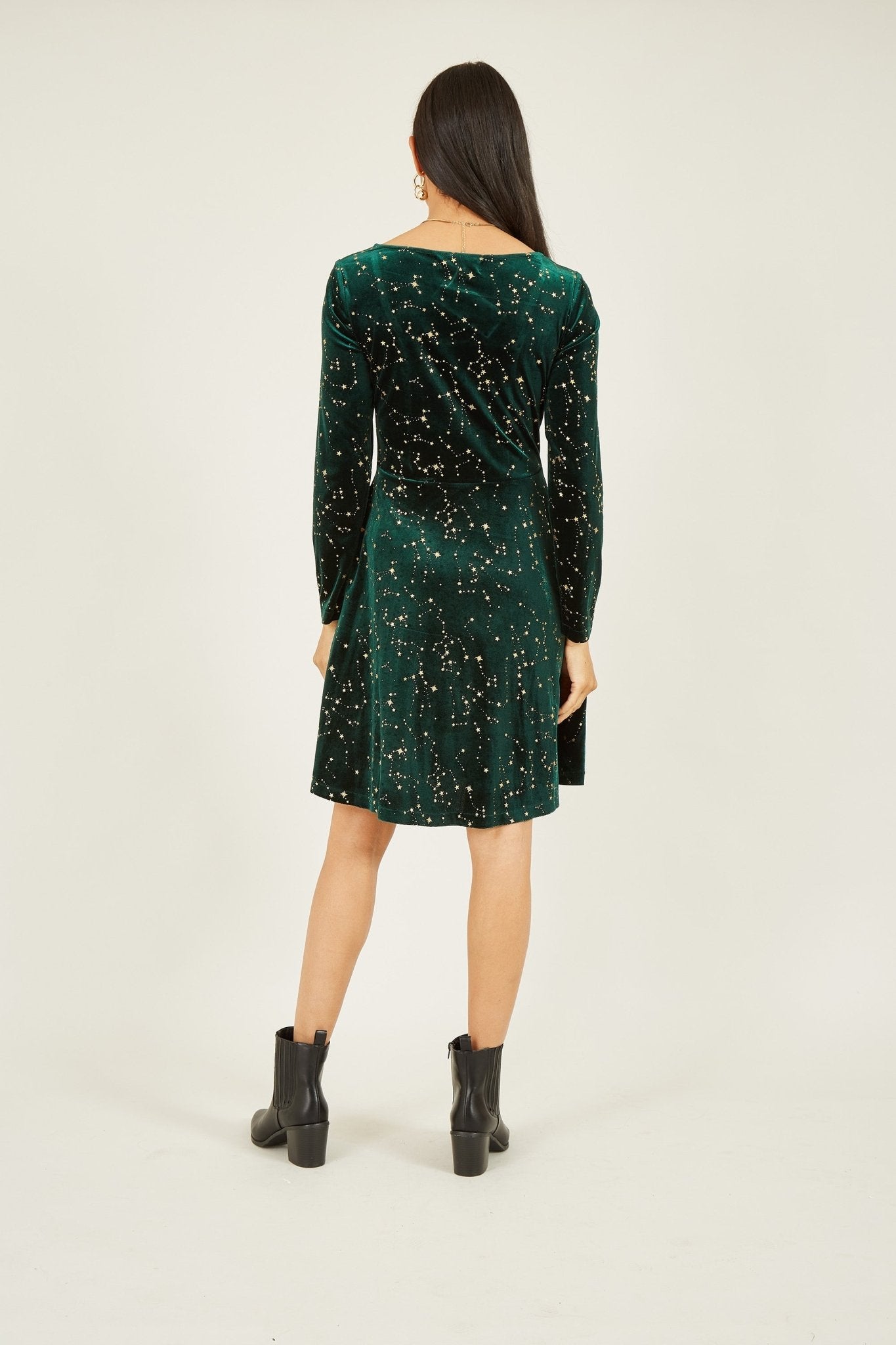 Yumi Green Star Foil Print Long Sleeve Skater Dress - Popular trends empire
