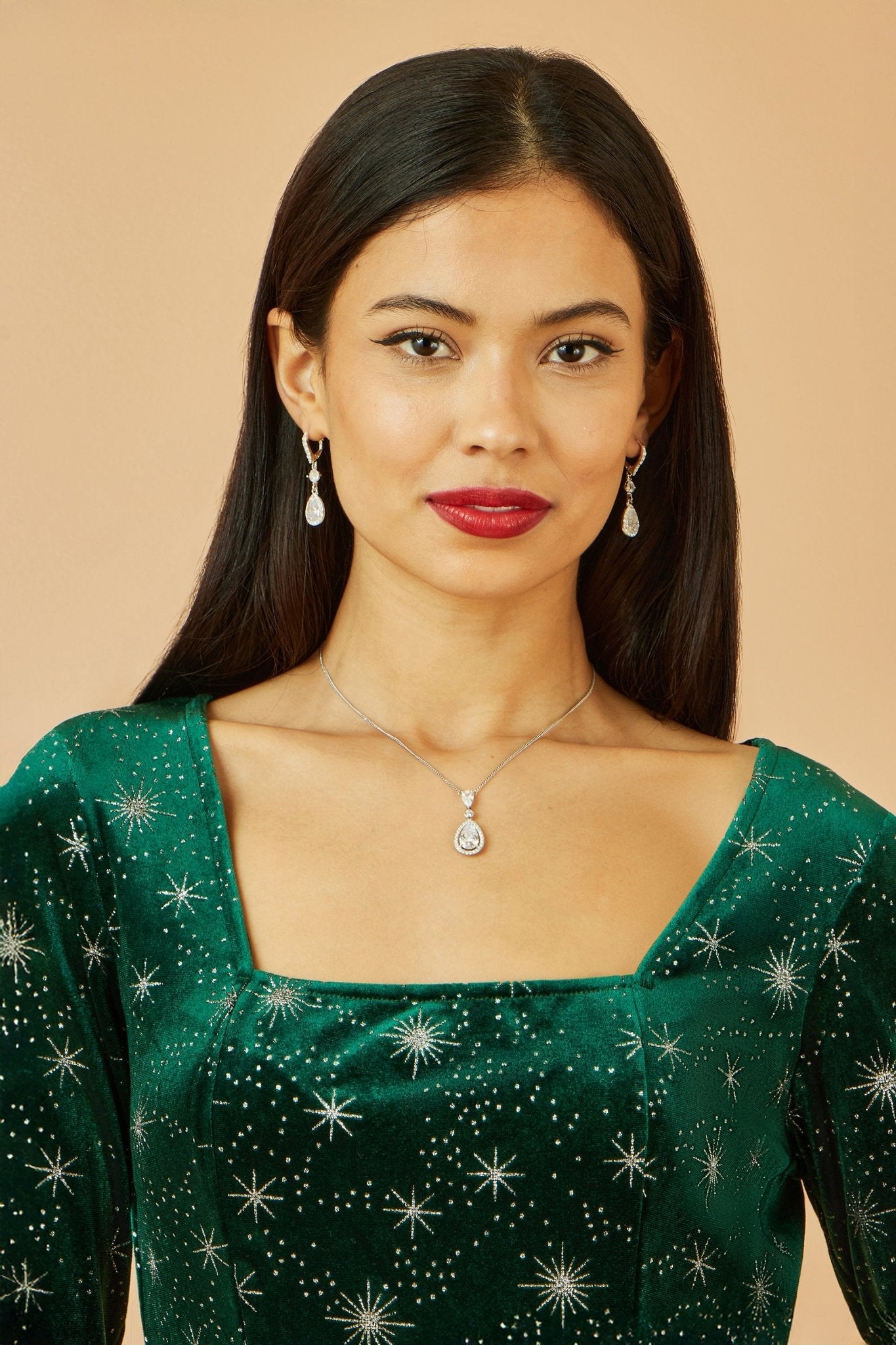 Yumi Green Starburst Foil Print Long Sleeve Skater Dress - Popular trends empire