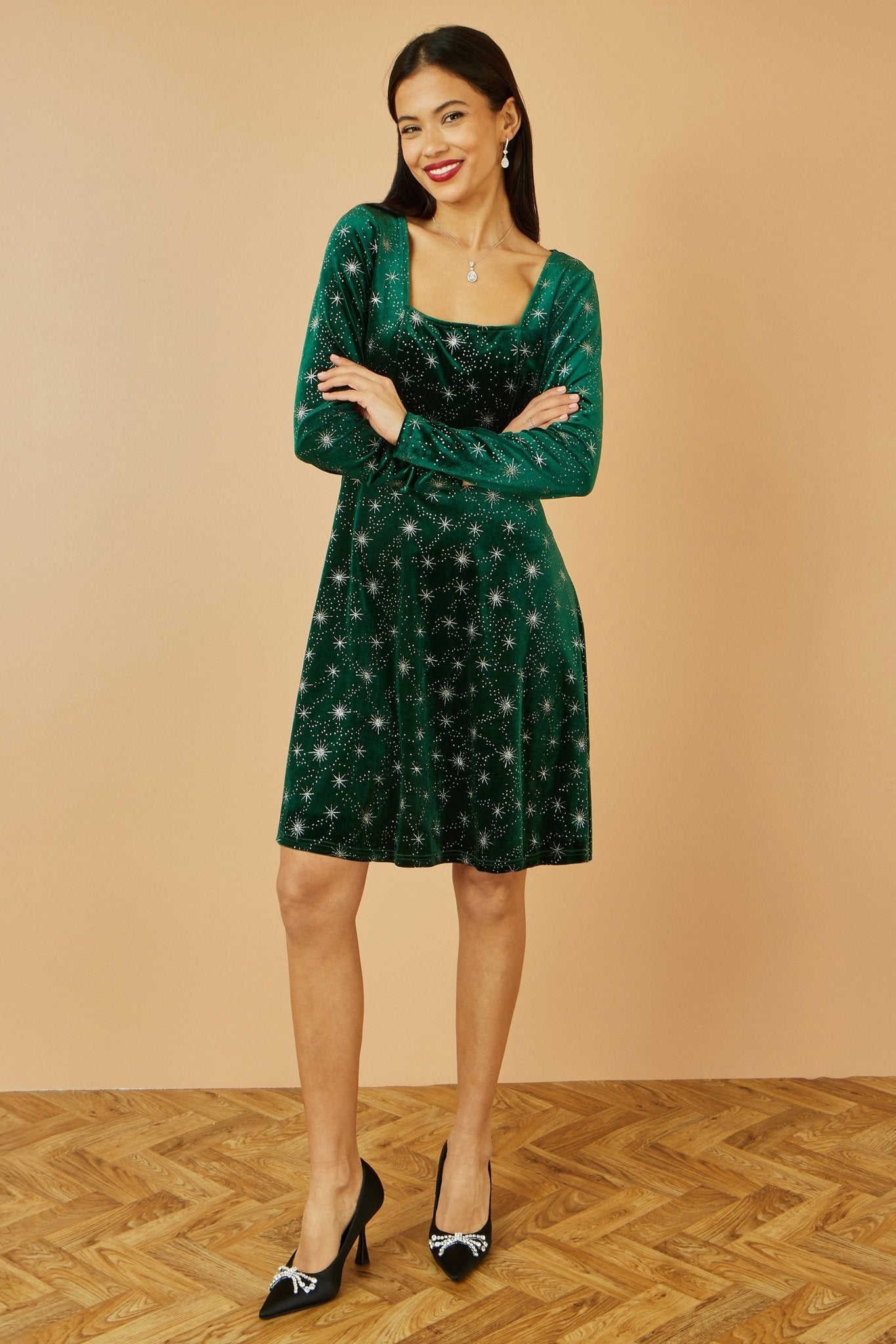 Yumi Green Starburst Foil Print Long Sleeve Skater Dress - Popular trends empire