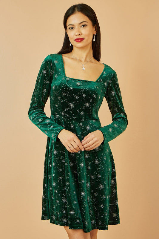 Yumi Green Starburst Foil Print Long Sleeve Skater Dress - Popular trends empire