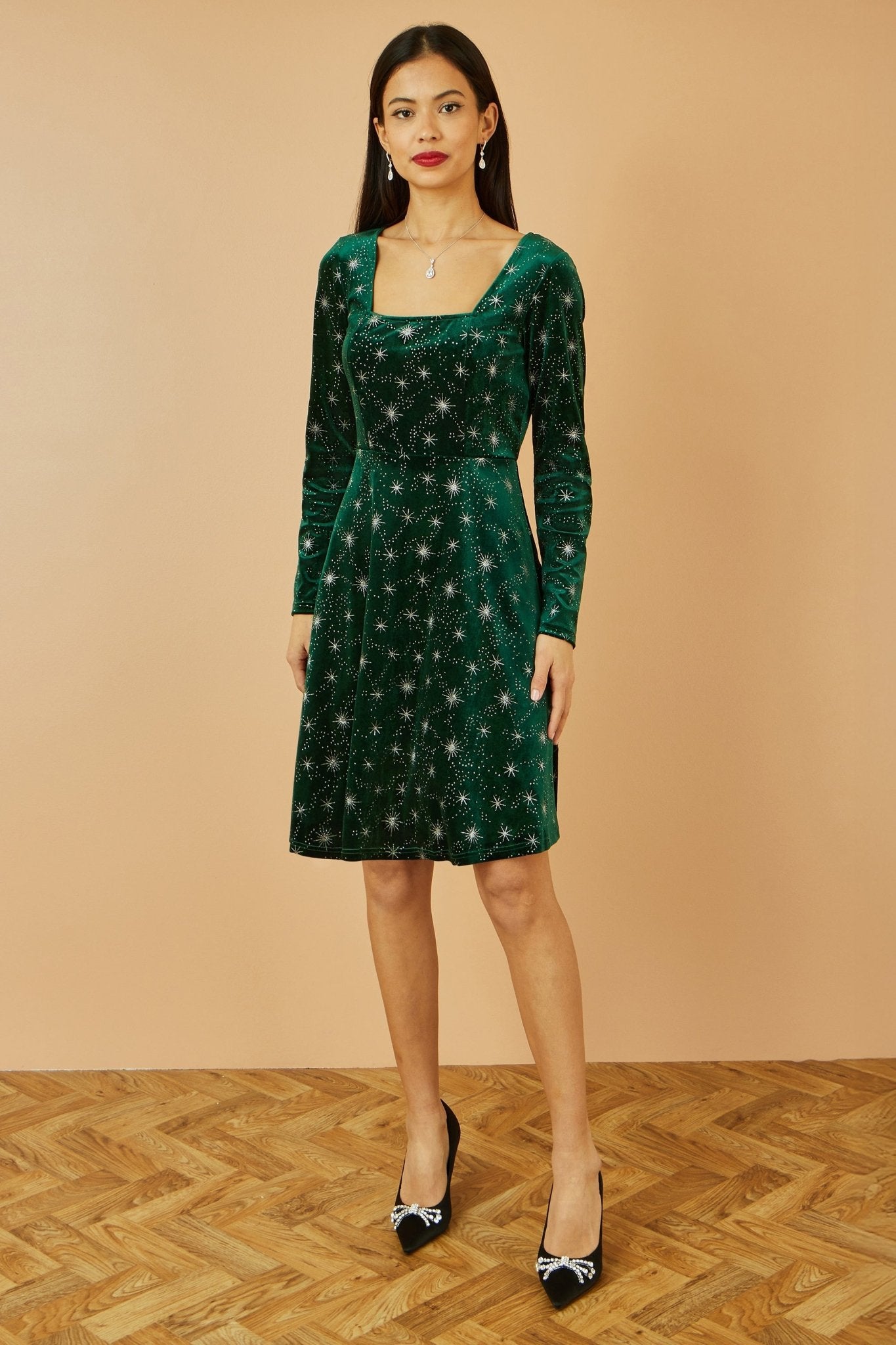Yumi Green Starburst Foil Print Long Sleeve Skater Dress - Popular trends empire