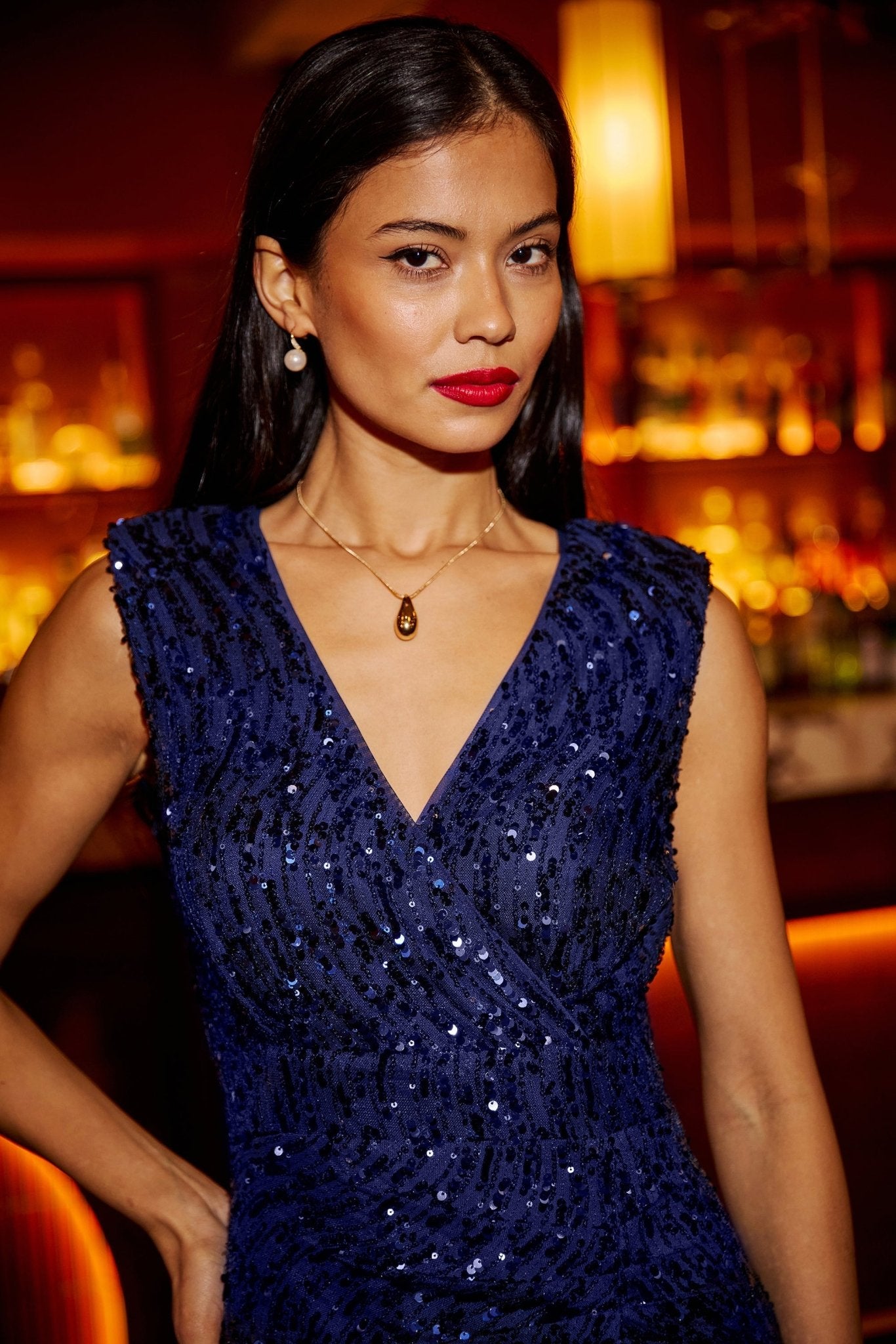 Yumi Navy Sequin Fitted Wrap Dress With Split Hem - Popular trends empire