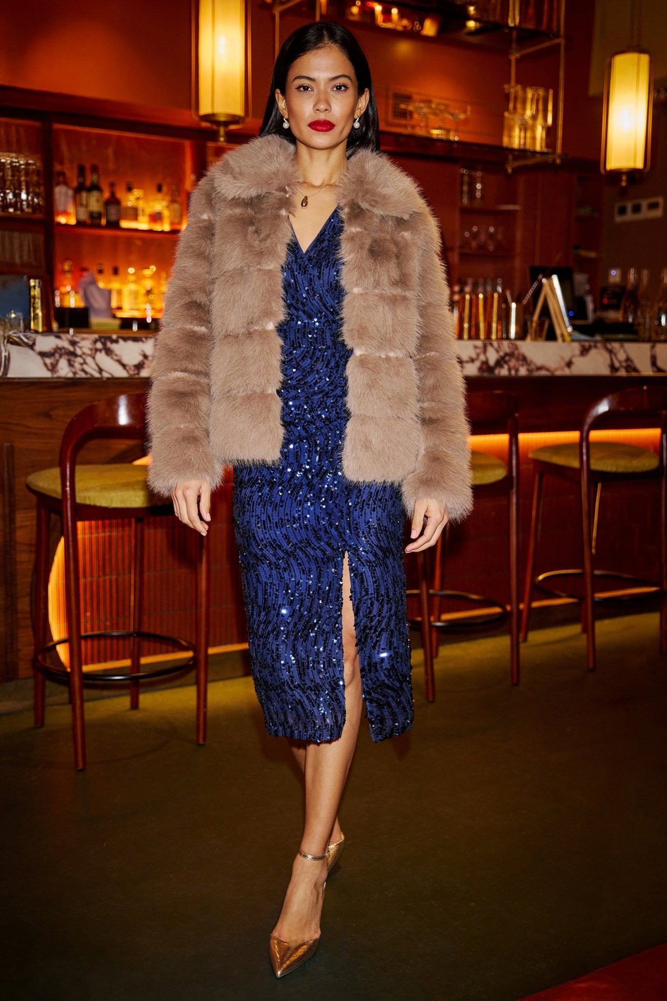 Yumi Navy Sequin Fitted Wrap Dress With Split Hem - Popular trends empire