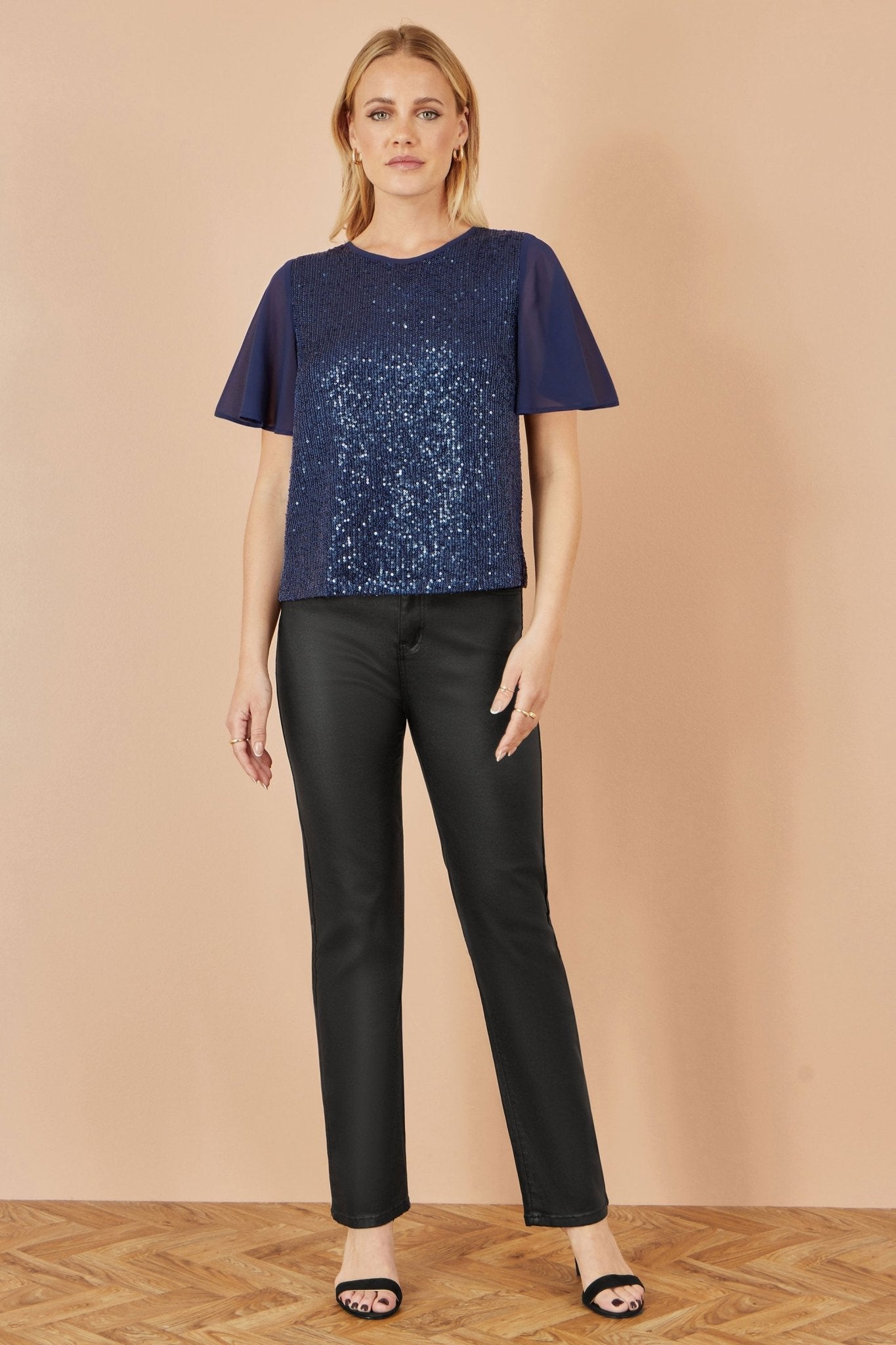 Yumi Navy Sequin Top With Sheer Sleeves And Cut Out Back - Popular trends empire