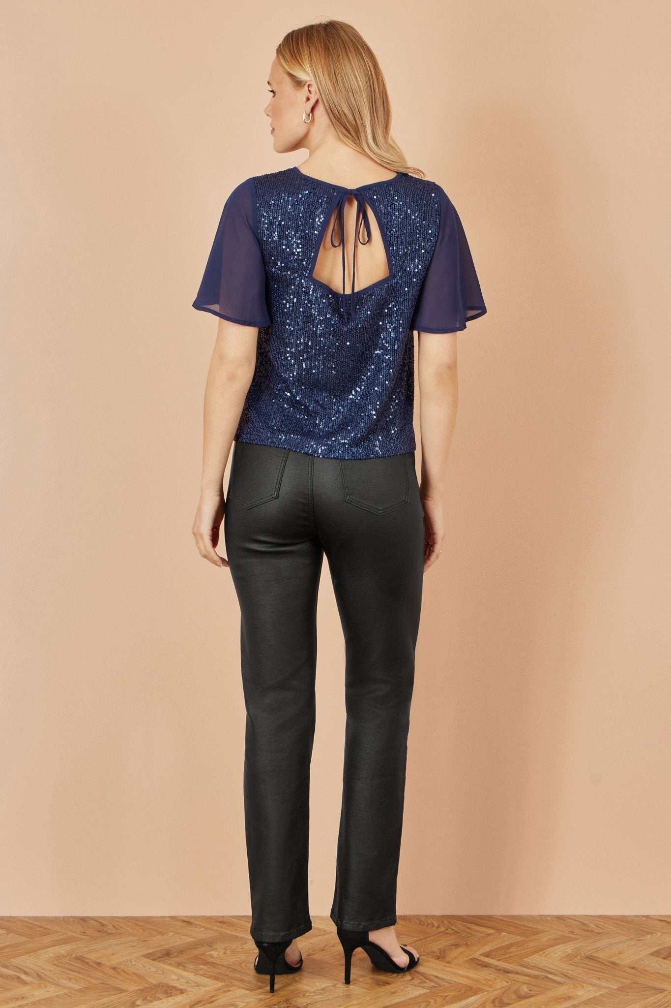 Yumi Navy Sequin Top With Sheer Sleeves And Cut Out Back - Popular trends empire
