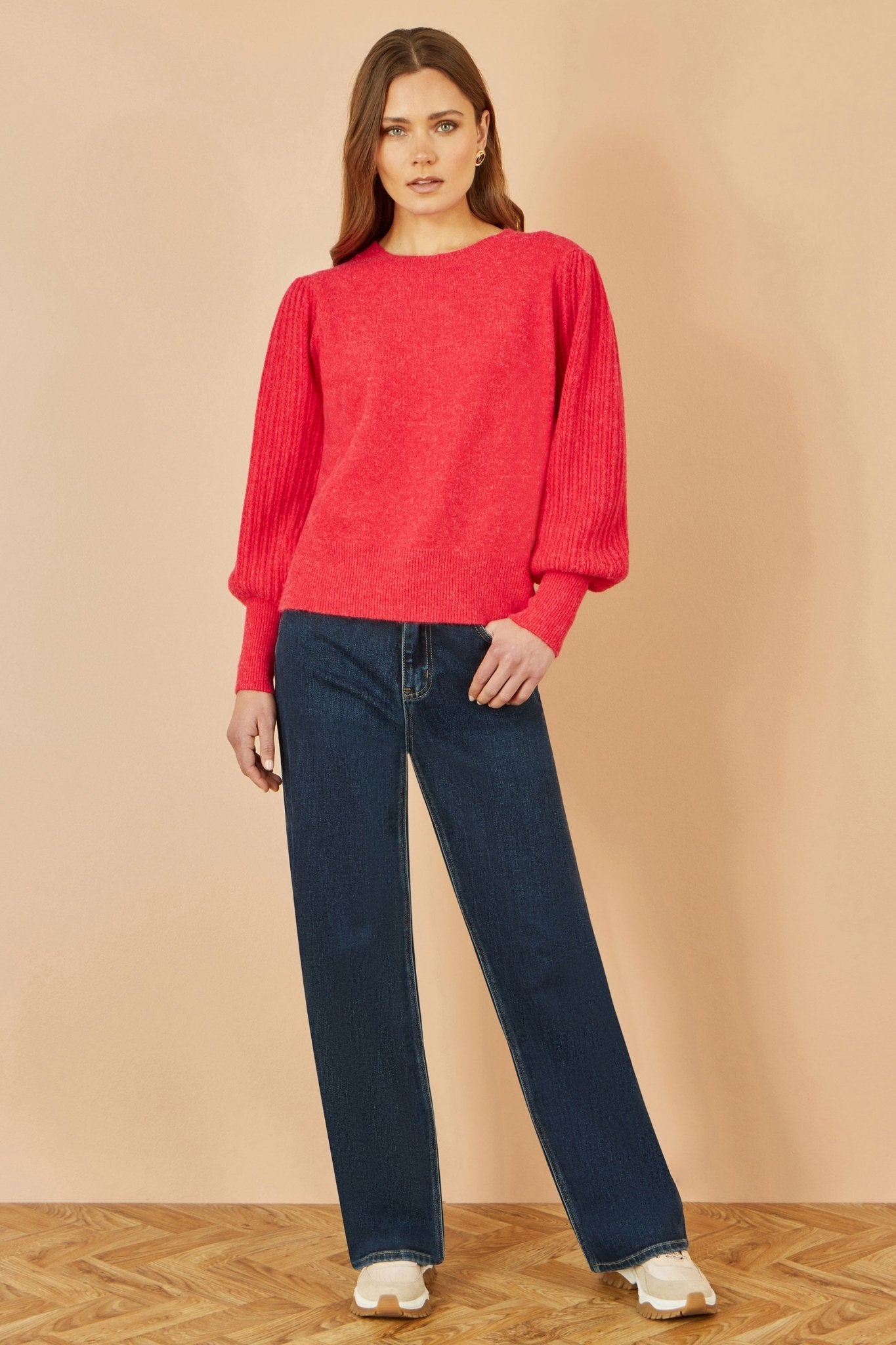 Yumi Red Knitted Balloon Sleeve Textured Jumper - Popular trends empire