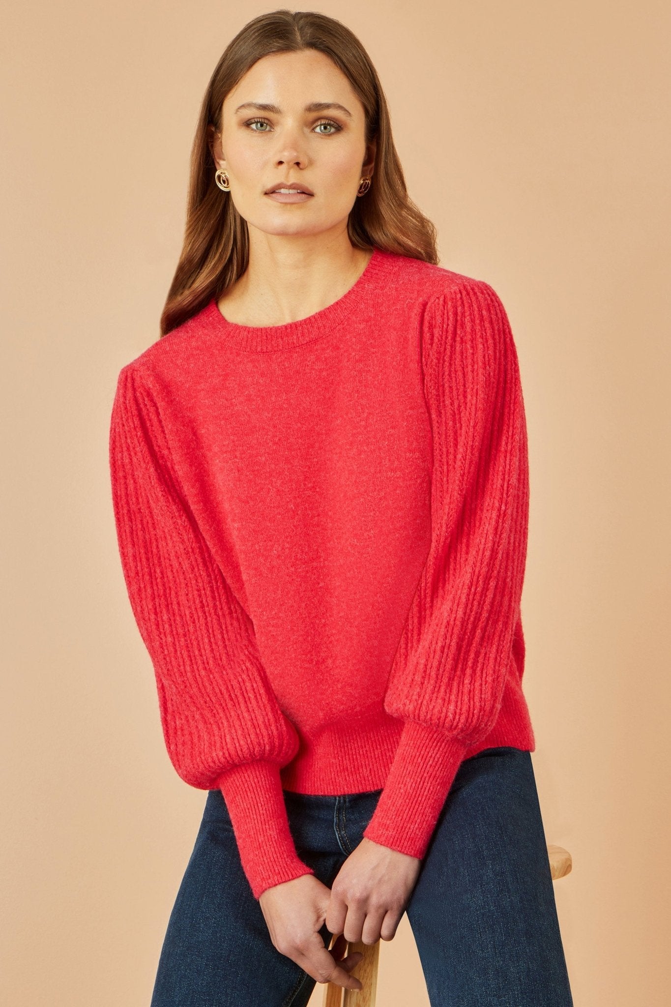 Yumi Red Knitted Balloon Sleeve Textured Jumper - Popular trends empire