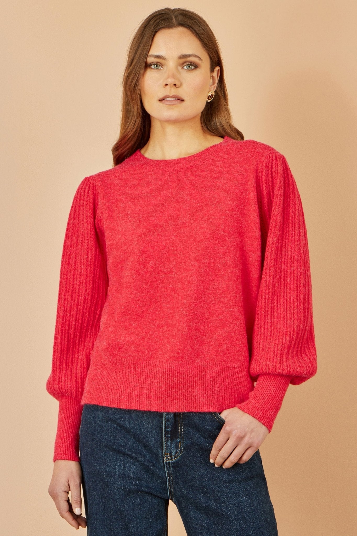 Yumi Red Knitted Balloon Sleeve Textured Jumper - Popular trends empire